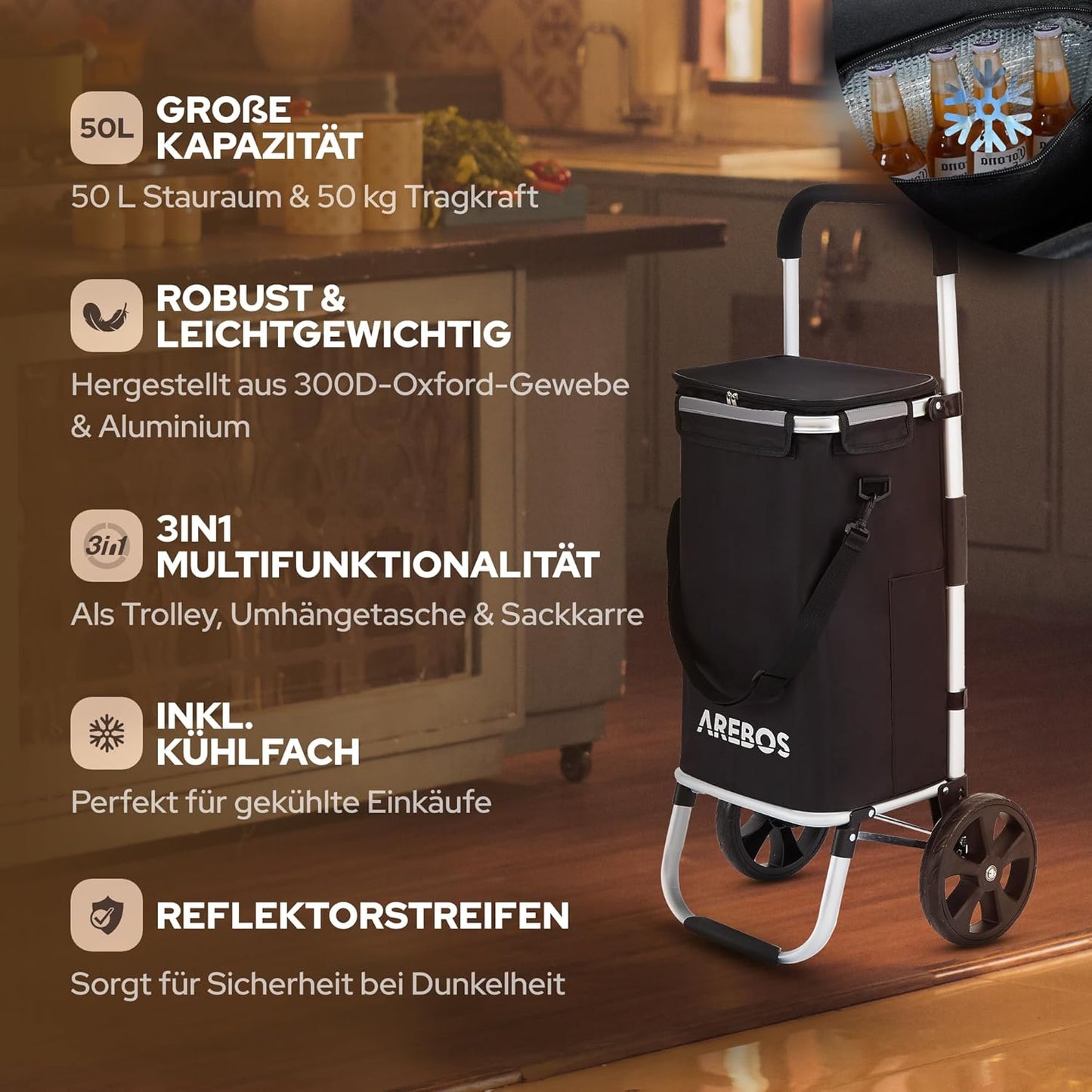 3in1 Einkaufstrolley mit Kühlfach und Rollen, Schwarz
