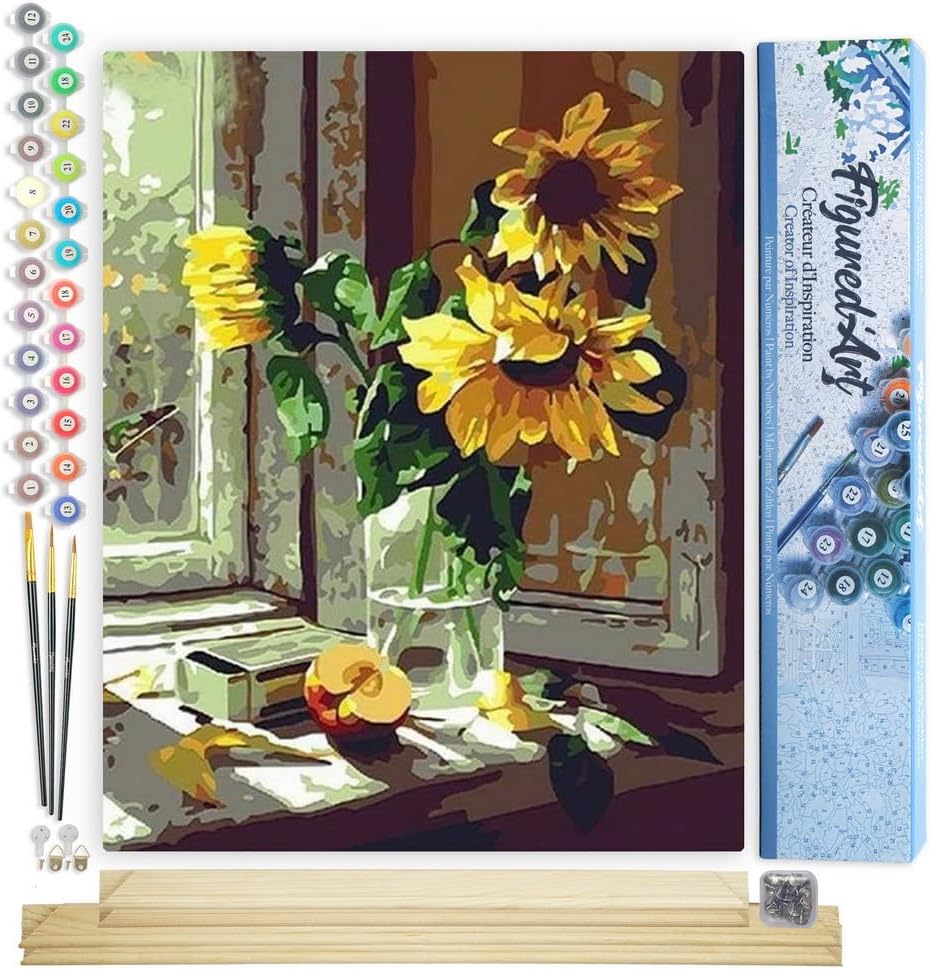 Malen Nach Zahlen Set - Sonnenblumen und Apfel vor dem Fenster, Sonnenblumen und Apfel vor dem Fenster 40x50cm Mit Keilrahmen (nicht gespannt)