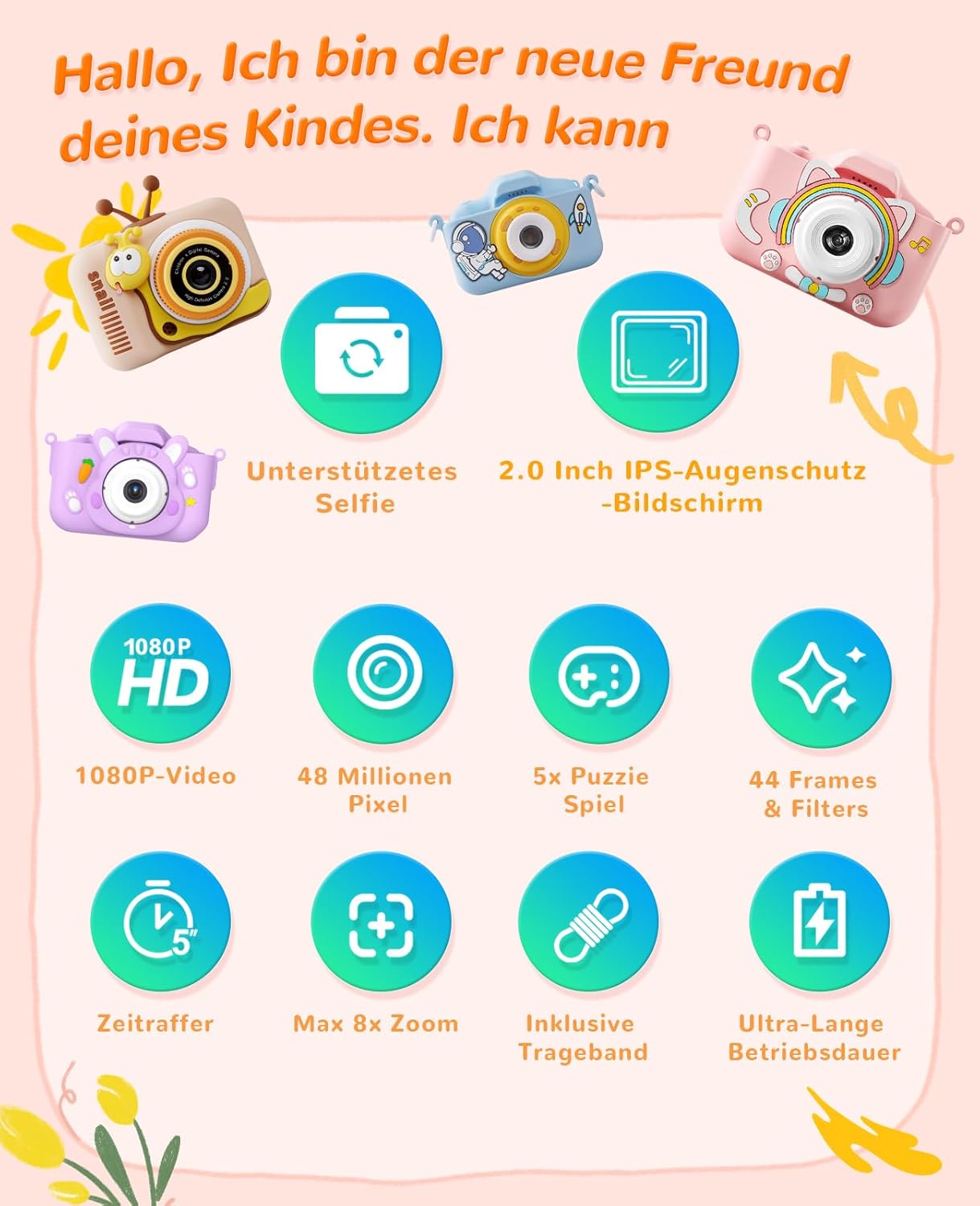 Digitale Kinderkamera mit Video & Lernspielen, Schnecke