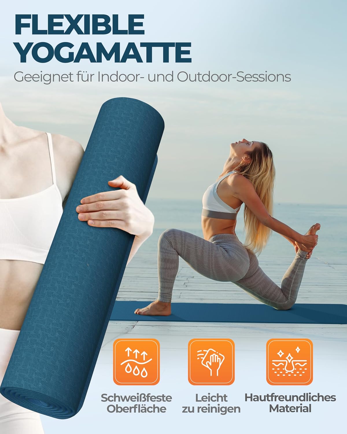 Rutschfeste Yoga- & Pilatesmatte, Dunkelblau