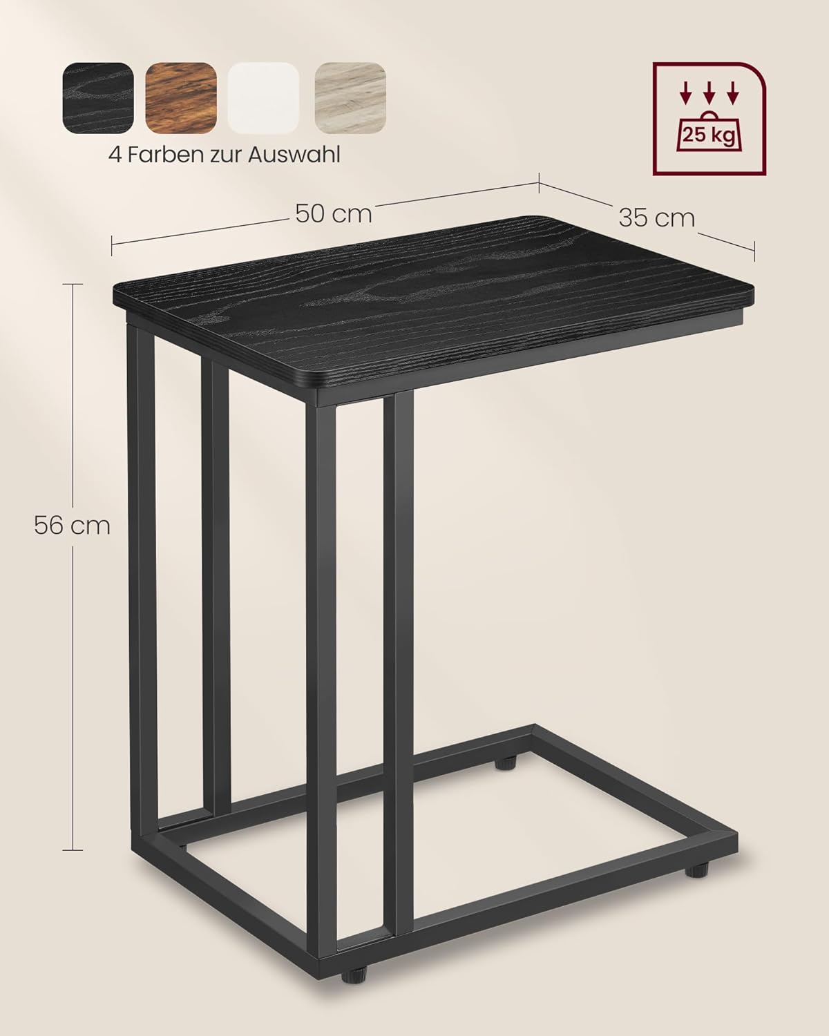 Beistelltisch C-Form mit Rollen, 35x50x60 cm, Ebenholzschwarz