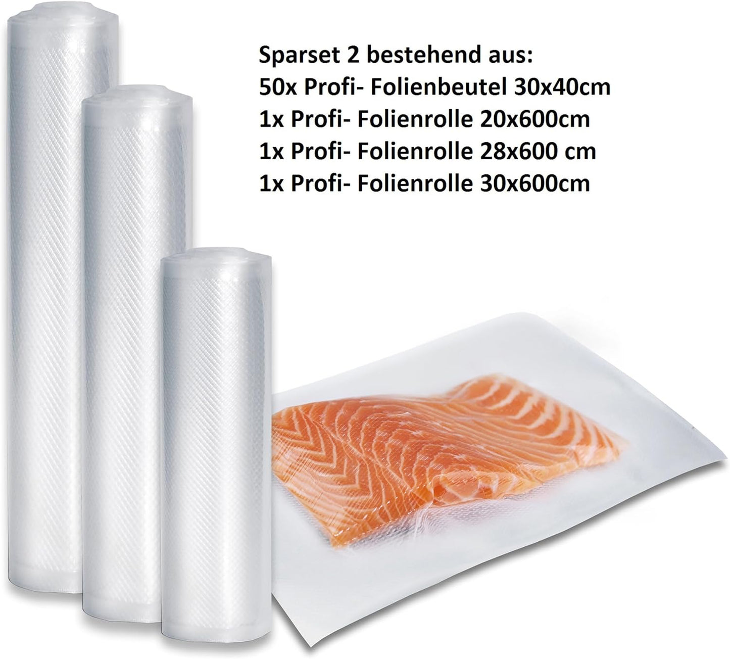 Foil set 2 for vacuuming + Sous Vide Cooking 01236, Set 2, 50 Beutel 30x40 cm + 1 Rolle 20x600 cm + 1 Rolle 28x600 cm + 1 Rolle 30x600 cm