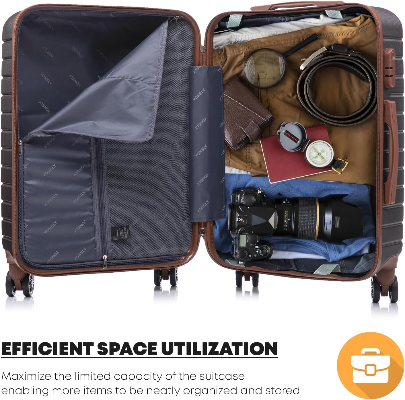 Reisekoffer Handgepäck Trolley-Set mit Zahlenschloss, L (66cm-66L) YS15 Braun