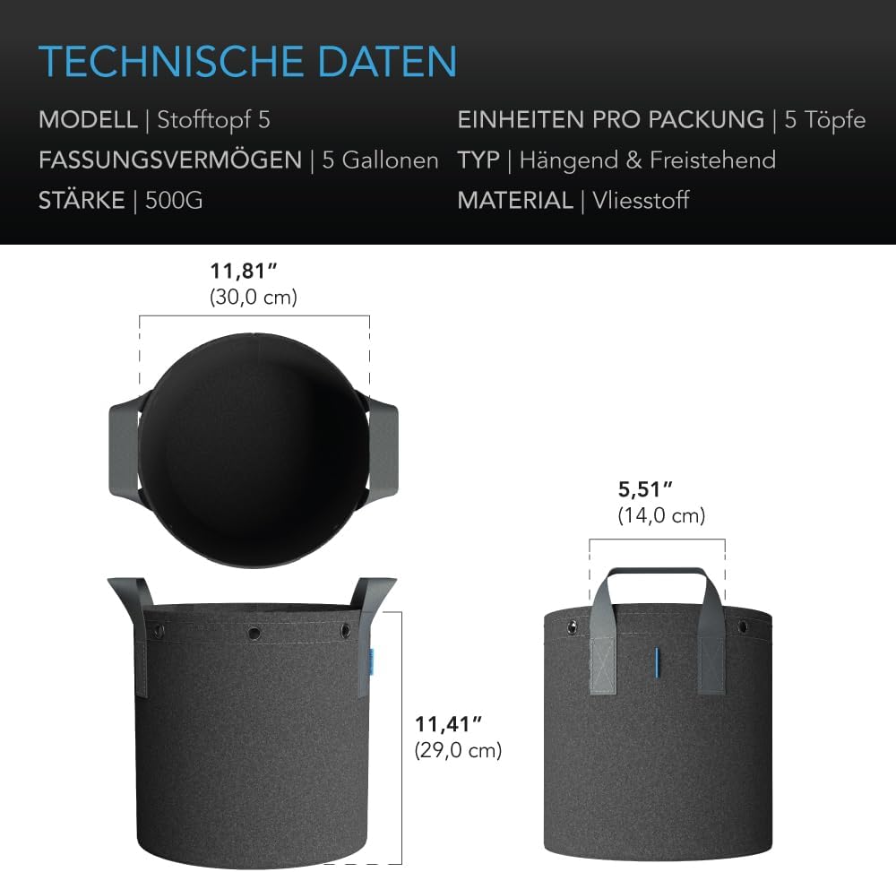 5er-Pack Stofftöpfe, 5 Gallon