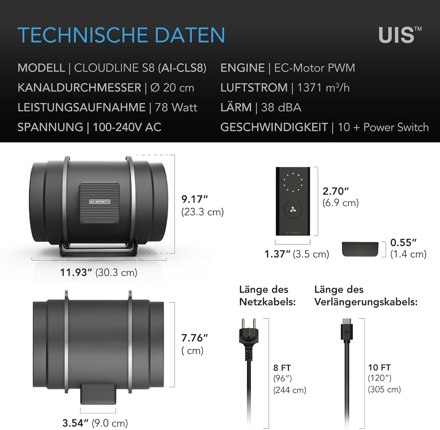 CLOUDLINE S8 PRO Inline-Rohrventilator mit 10-Gang-Regler