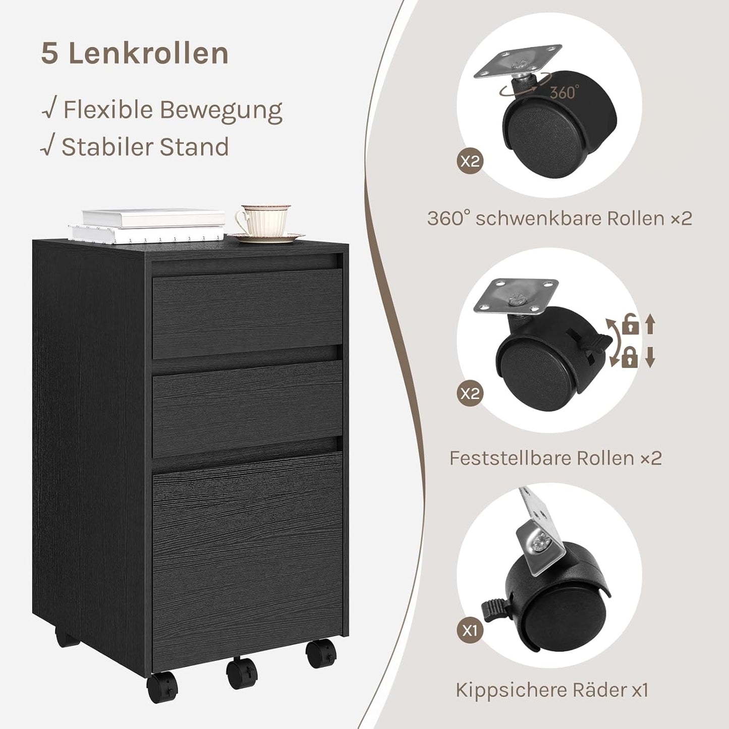 Mobiler Aktenschrank mit 3 Schubladen, 3 Ablagen(40T x 40B x 70H cm) Schwarz