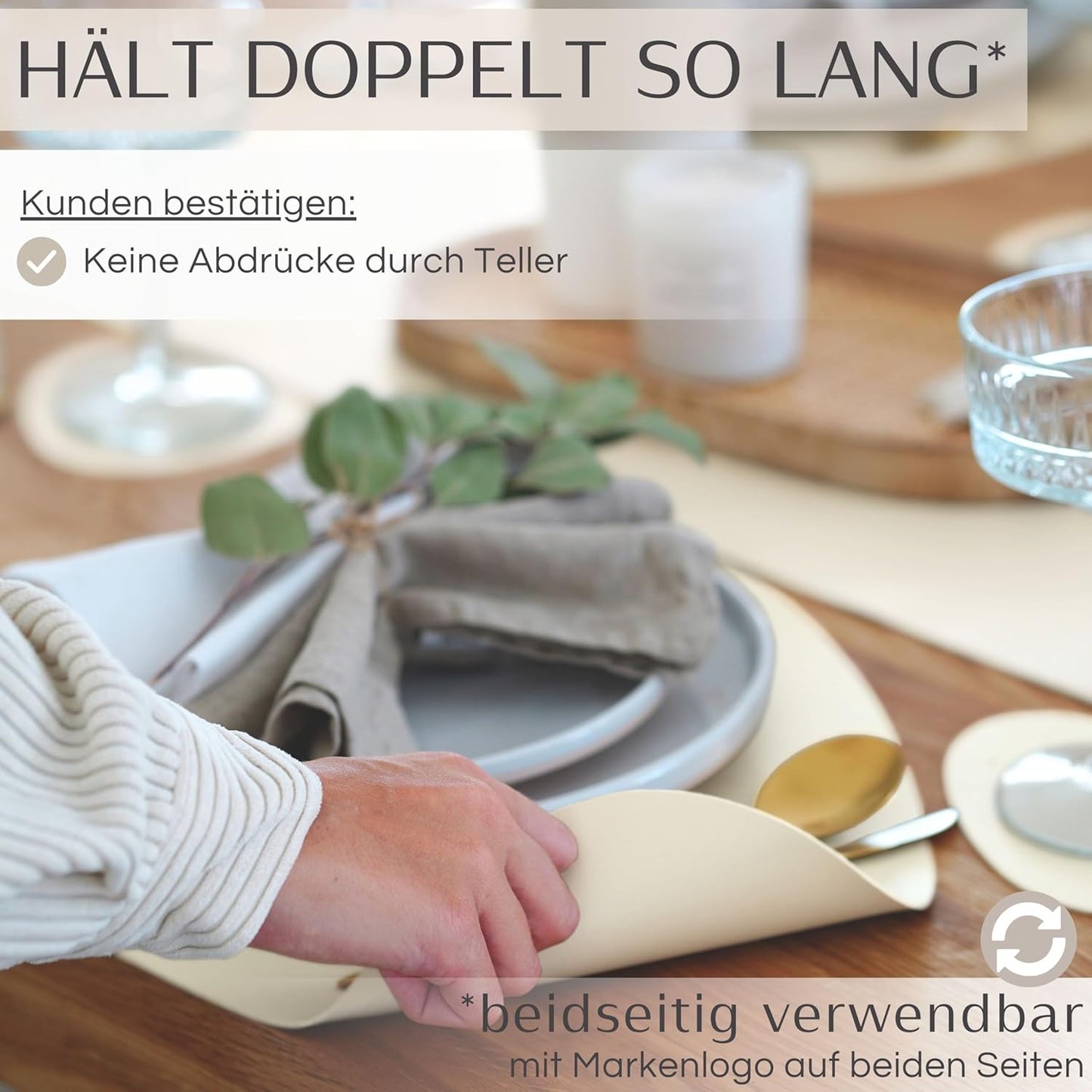 6er Set Premium Tischset aus Kunstleder, Cremebeige Oval
