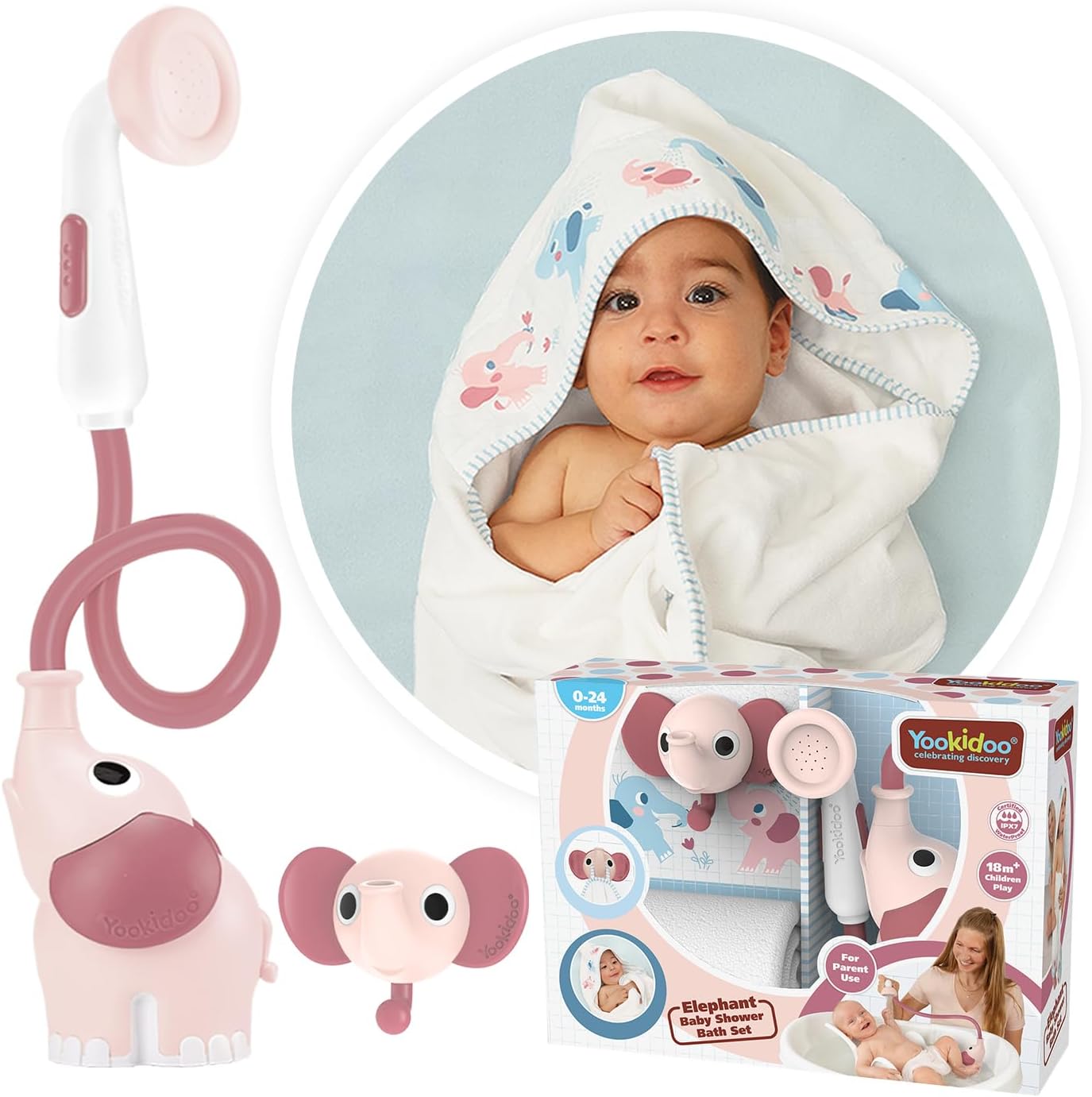 Duschkopf für Baby-Badewanne mit Elefanten-Wasserpumpe, Zartrosa