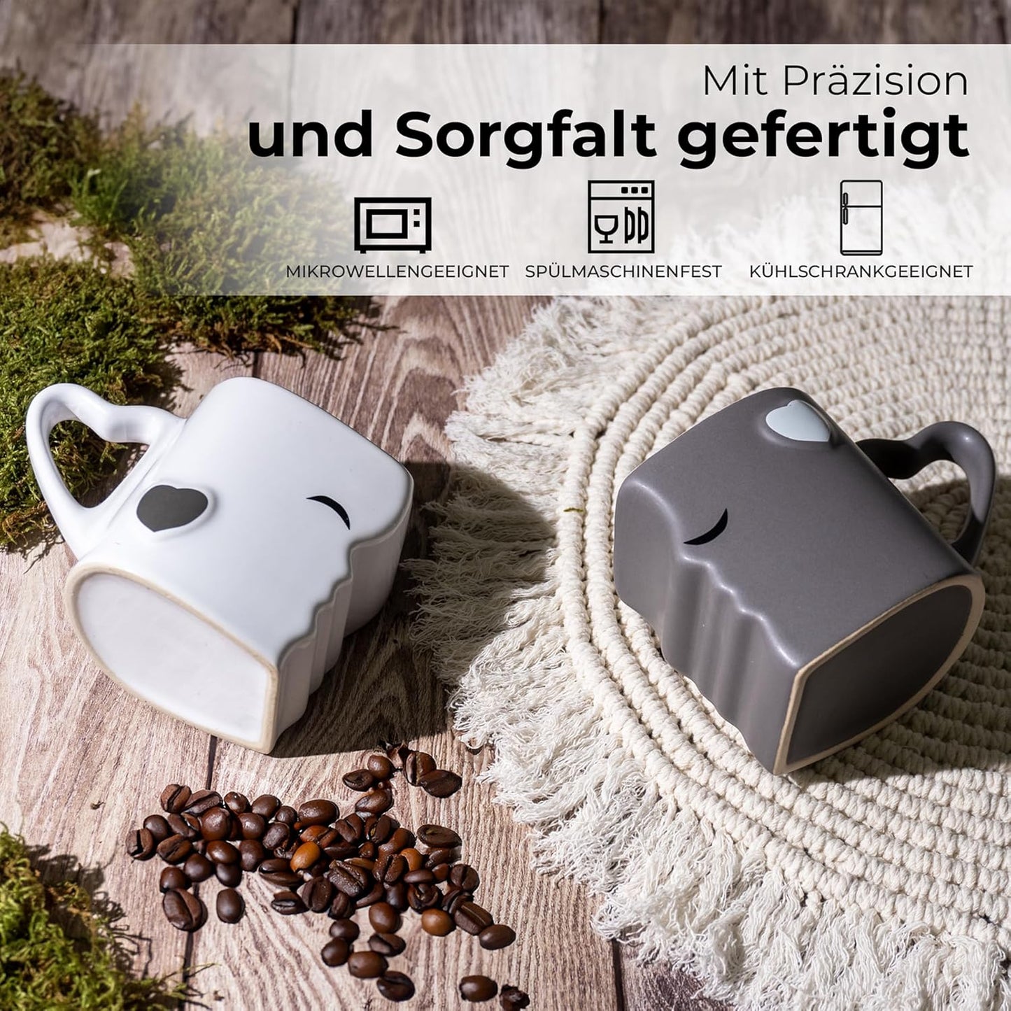 Küssende Kaffeetassen für Paare & Romantiker, Grau