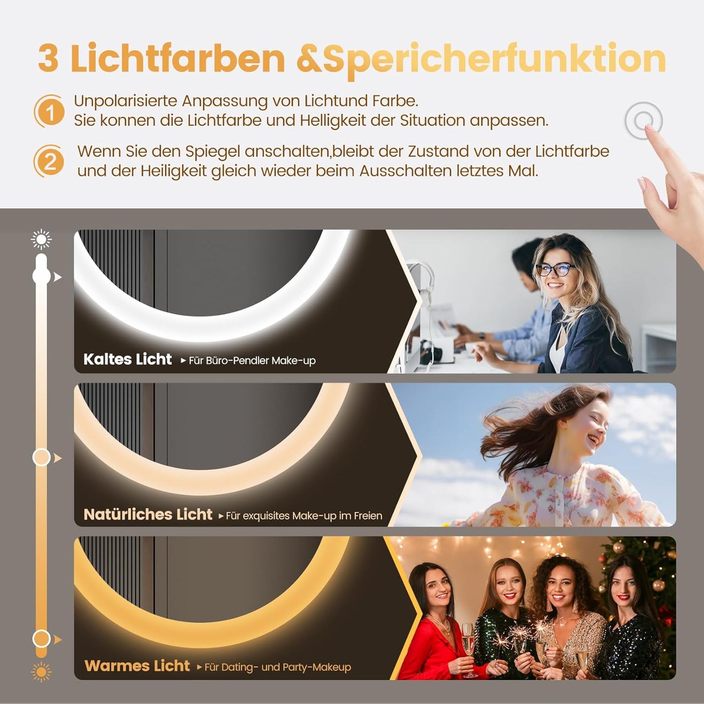 Runder LED-Badspiegel mit Bluetooth und Touchschalter, Bluetooth+ Beschlagfrei+ 3 Lichtfarbe+ Dimmbar 70L x 70B cm