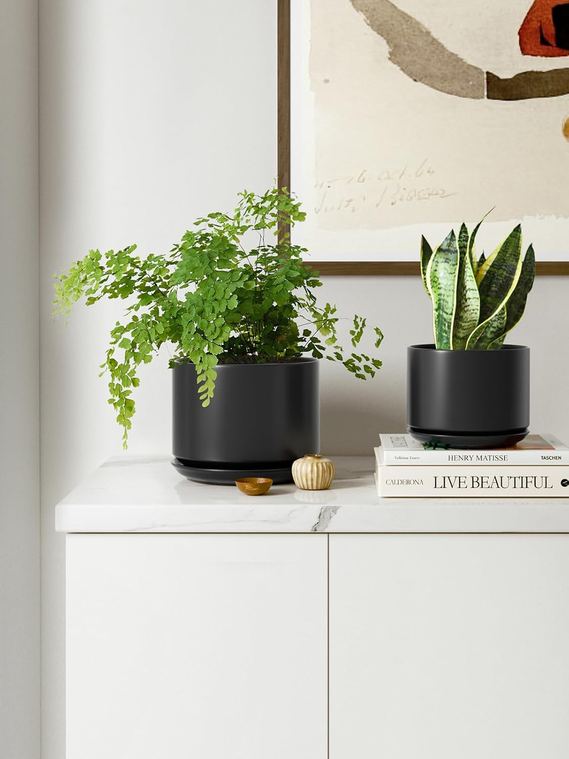 Keramik Blumentopf-Set mit Untersetzer, Schwarz