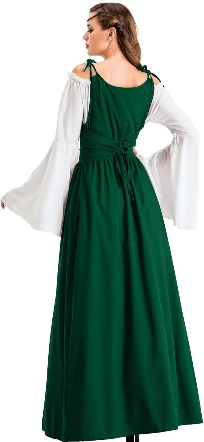 Renaissance Damenkleid mit Kapuze und Langarm, Grün XL
