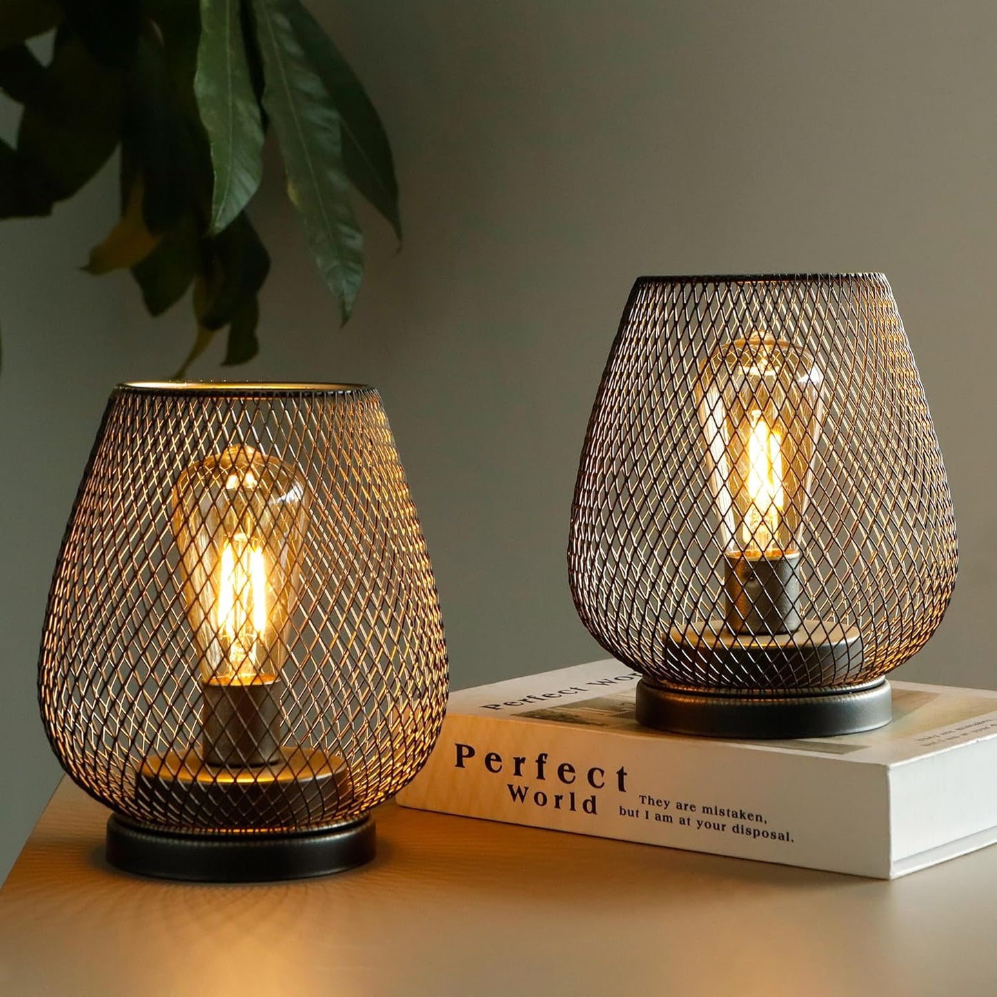 2er-Set Kabellose LED-Tischlampen im Metallkäfig-Design, Braun