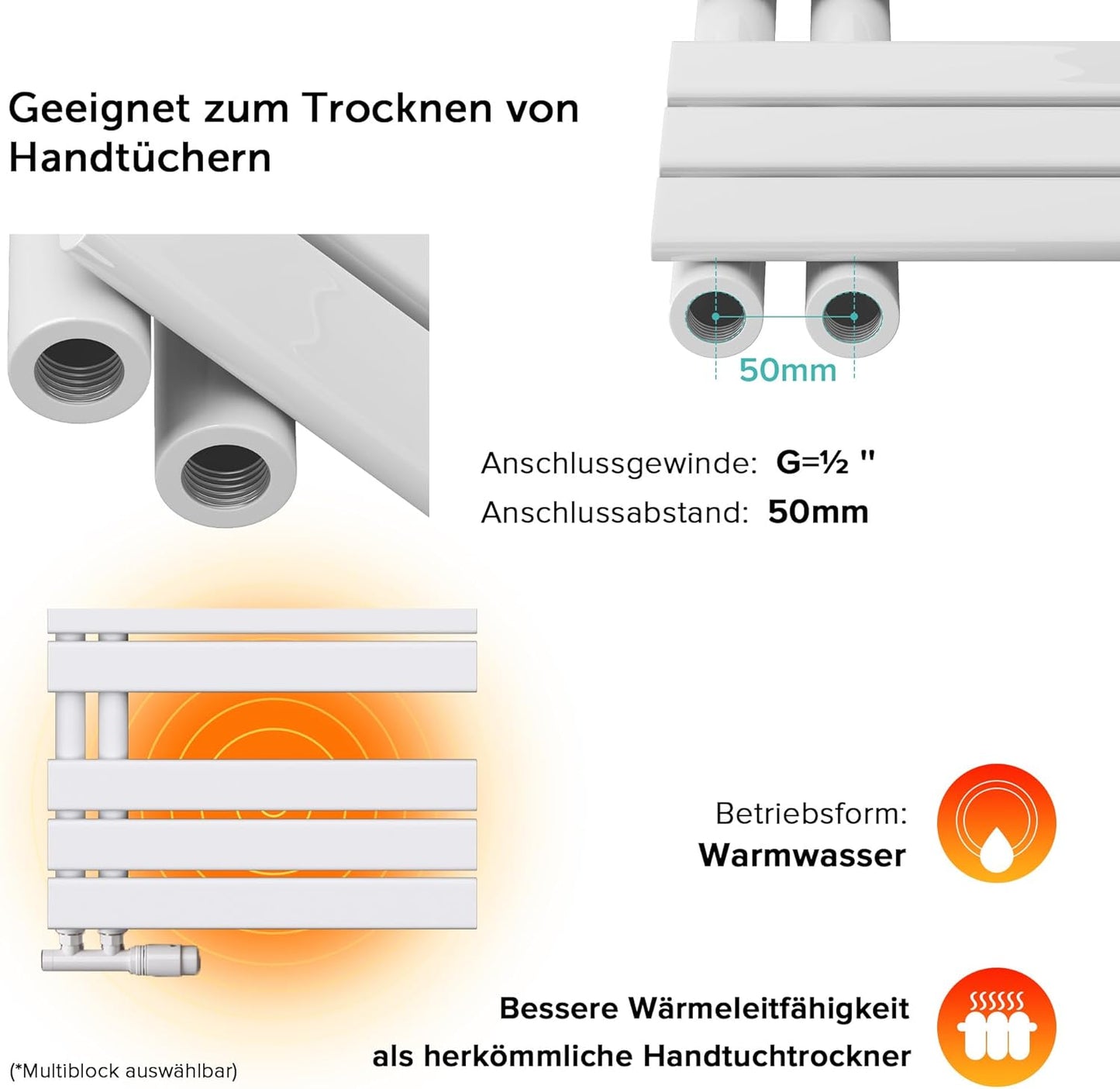 Handtuchheizkörper mit Seitenanschluss 131x60cm, 131x60cm Weiss