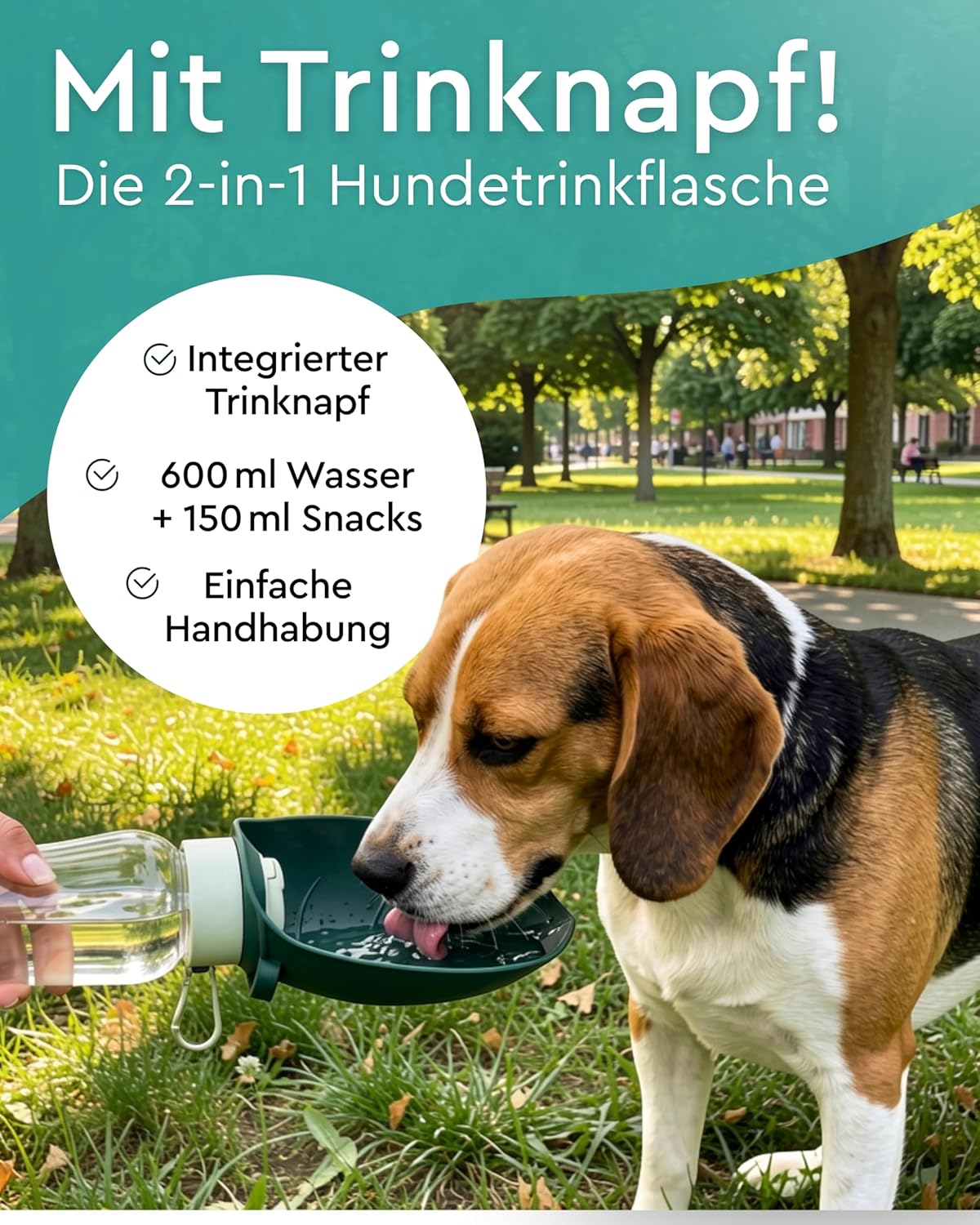 2-in-1 Hundetrinkflasche mit Futterbehälter für unterwegs, Grün 600 ml