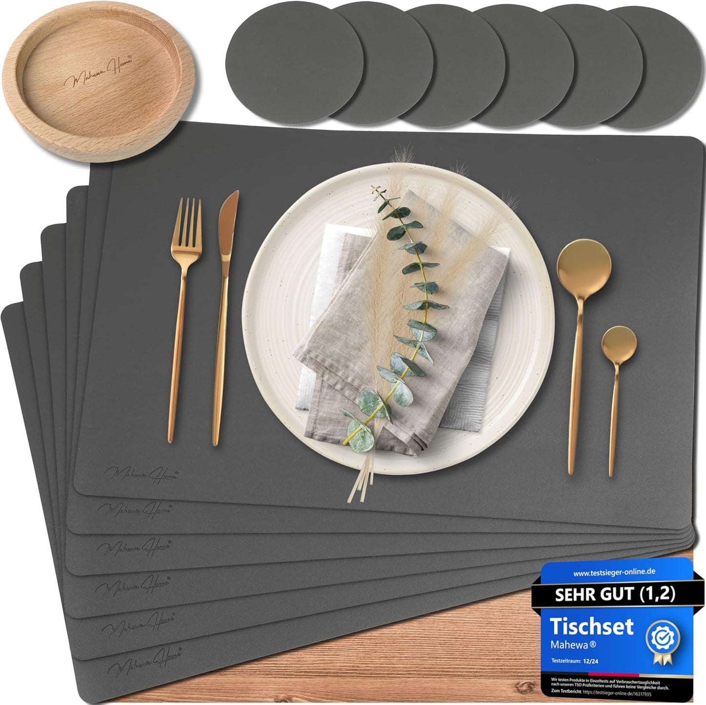 6-teiliges Tischset, Dunkelgrau Eckig mit Halter
