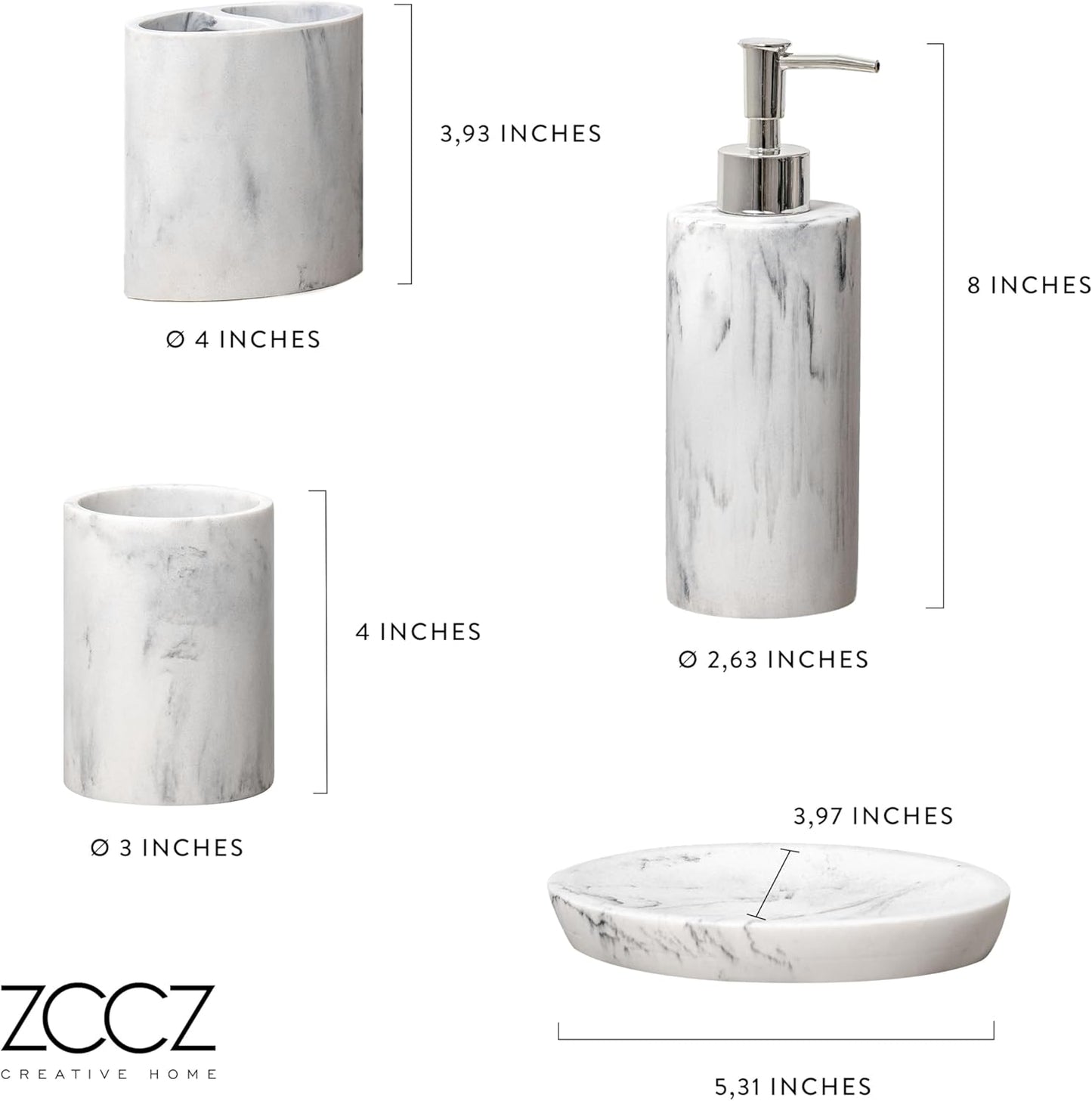 4-teiliges Badezimmer-Organizer-Set in Marmor-Optik, Weisser Marmor-effekt