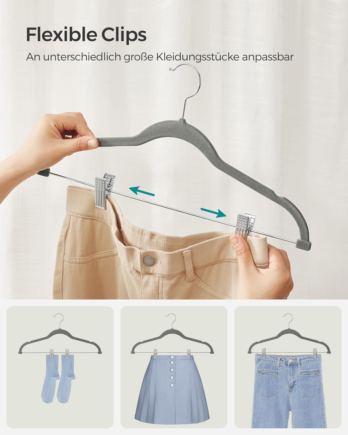 20er-Set Samt-Kleiderbügel mit Clips, Grau 20 Stück