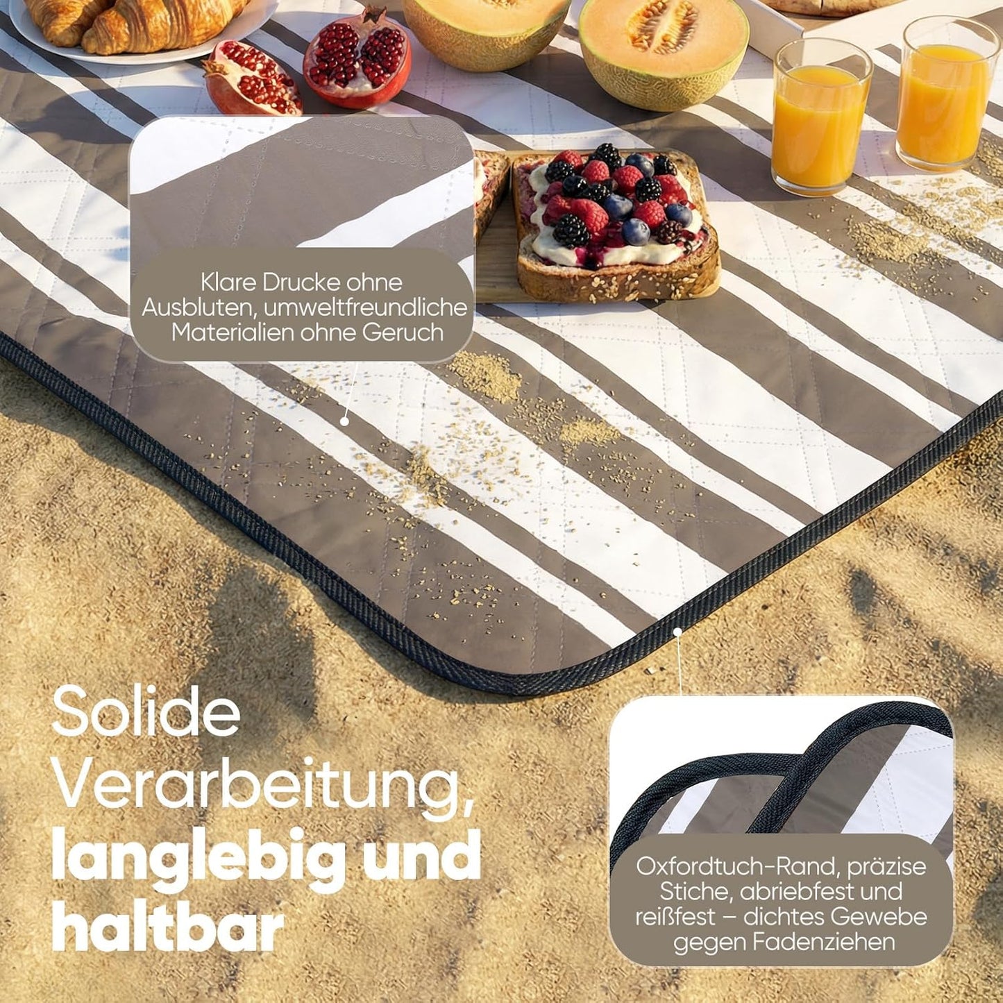 Wasserdichte Picknick- und Stranddecke, 200x300 cm Taupe - Streifen