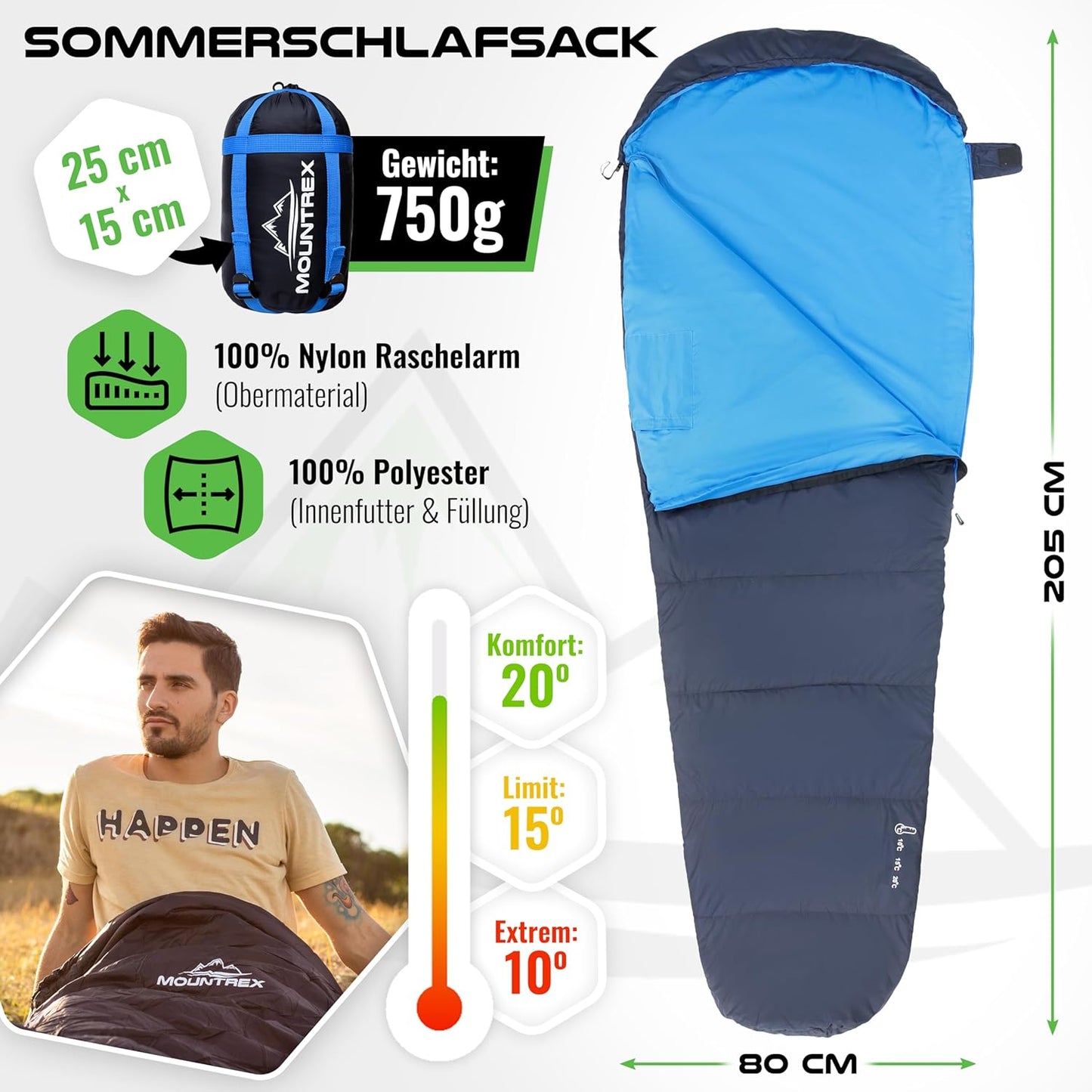 Ultraleichter Mumienschlafsack, Dunkelblau/Blau Sommerschlafsack