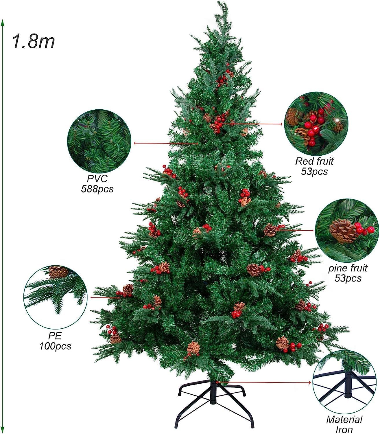 Künstlicher Weihnachtsbaum mit Tannenzapfen und Früchten, 180 cm, Grün - 688 Spitzen