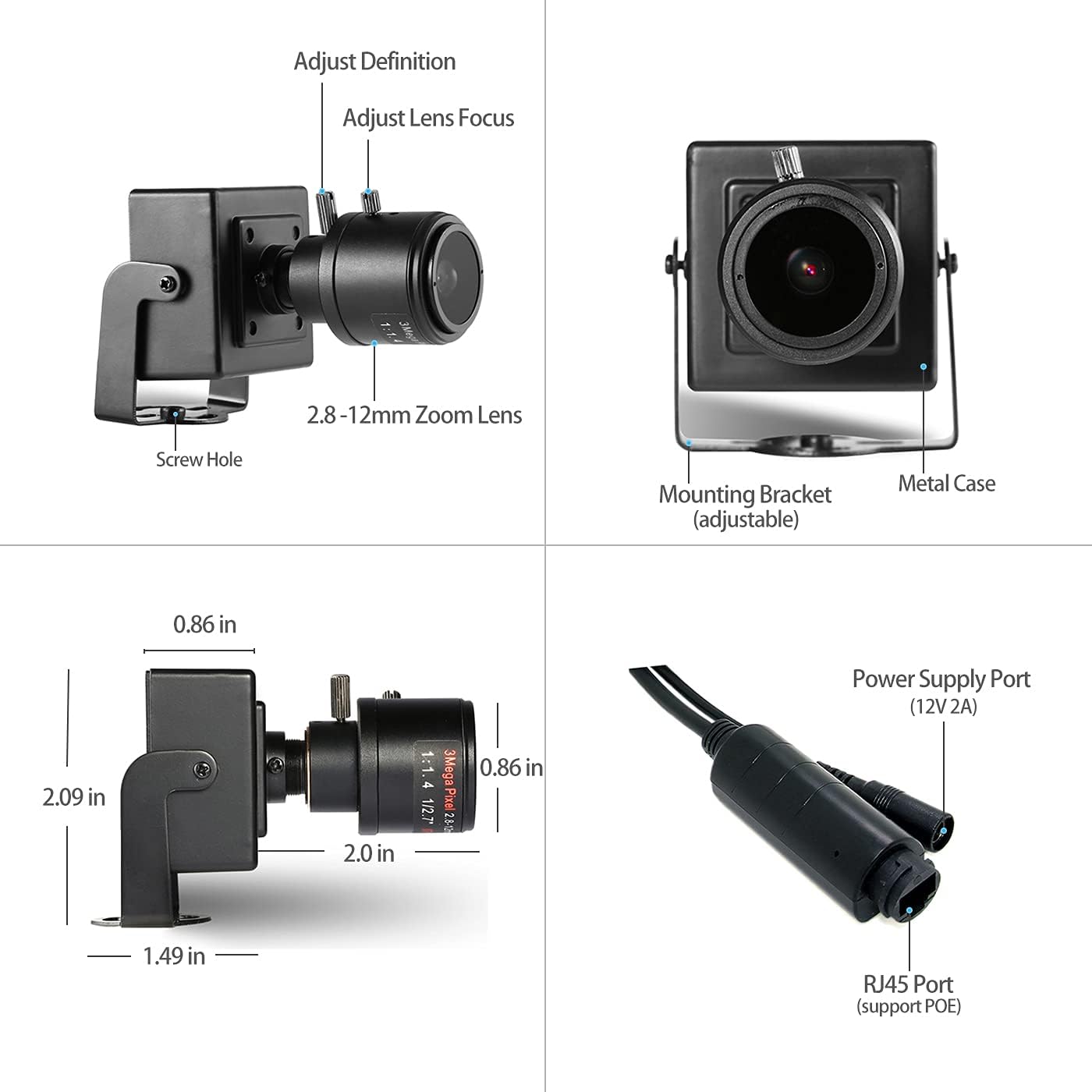 Mini 3MP POE IP Kamera mit Zoomfunktion, Zoom 2,8-12mm 48v Poe Schwarz