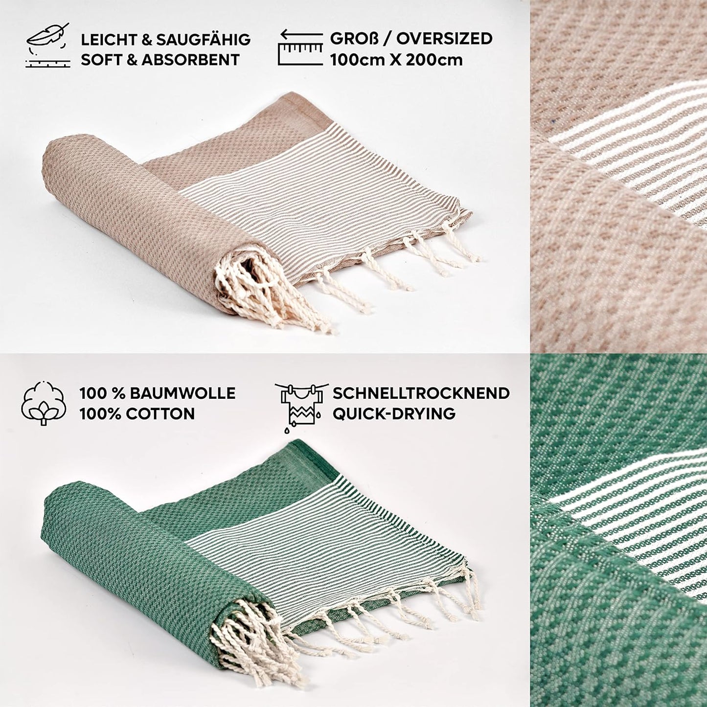 2er-Set Hamamtuch, Set Of 2 -H- Creme & Dunkelgrün Honeycomb