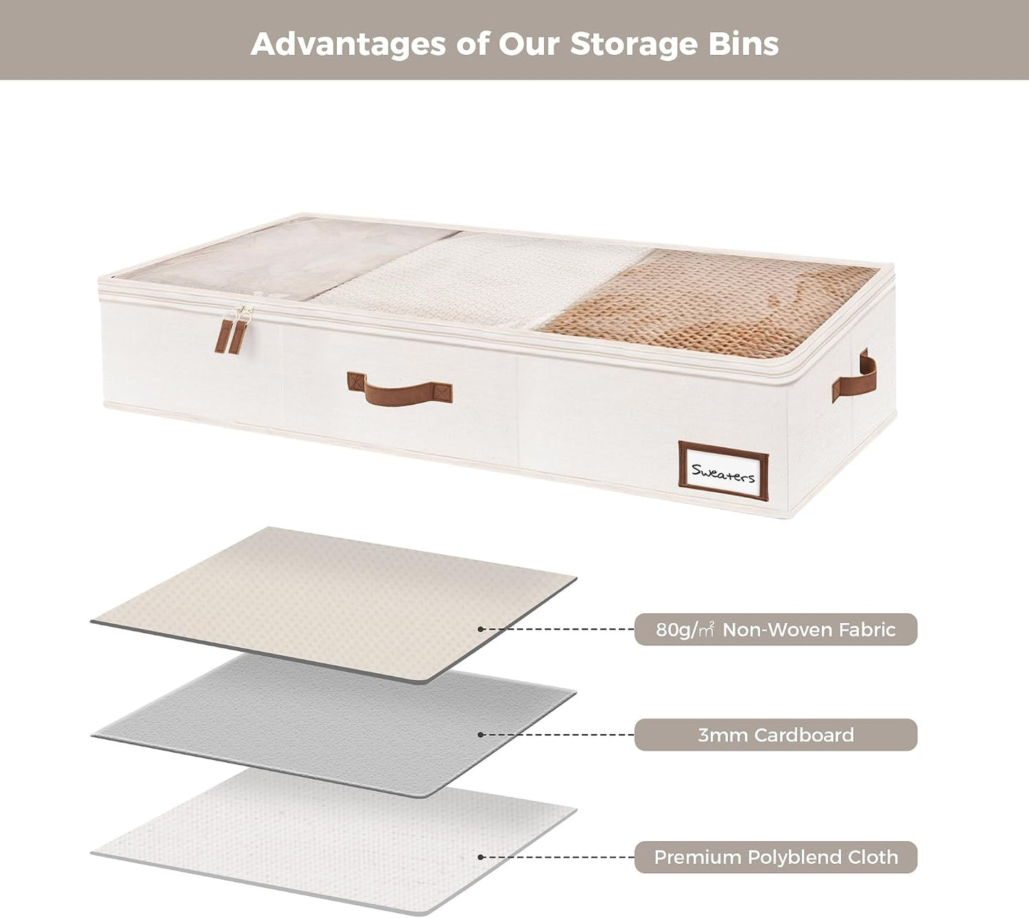 Unterbett-Aufbewahrungsbox, 2 Stück, 60 x 32 x 13 cm Beige