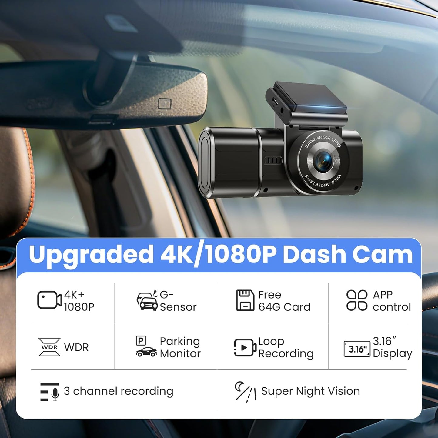 D5 4K Dashcam mit 3-Kanal-Aufnahme & GPS/WiFi, D5