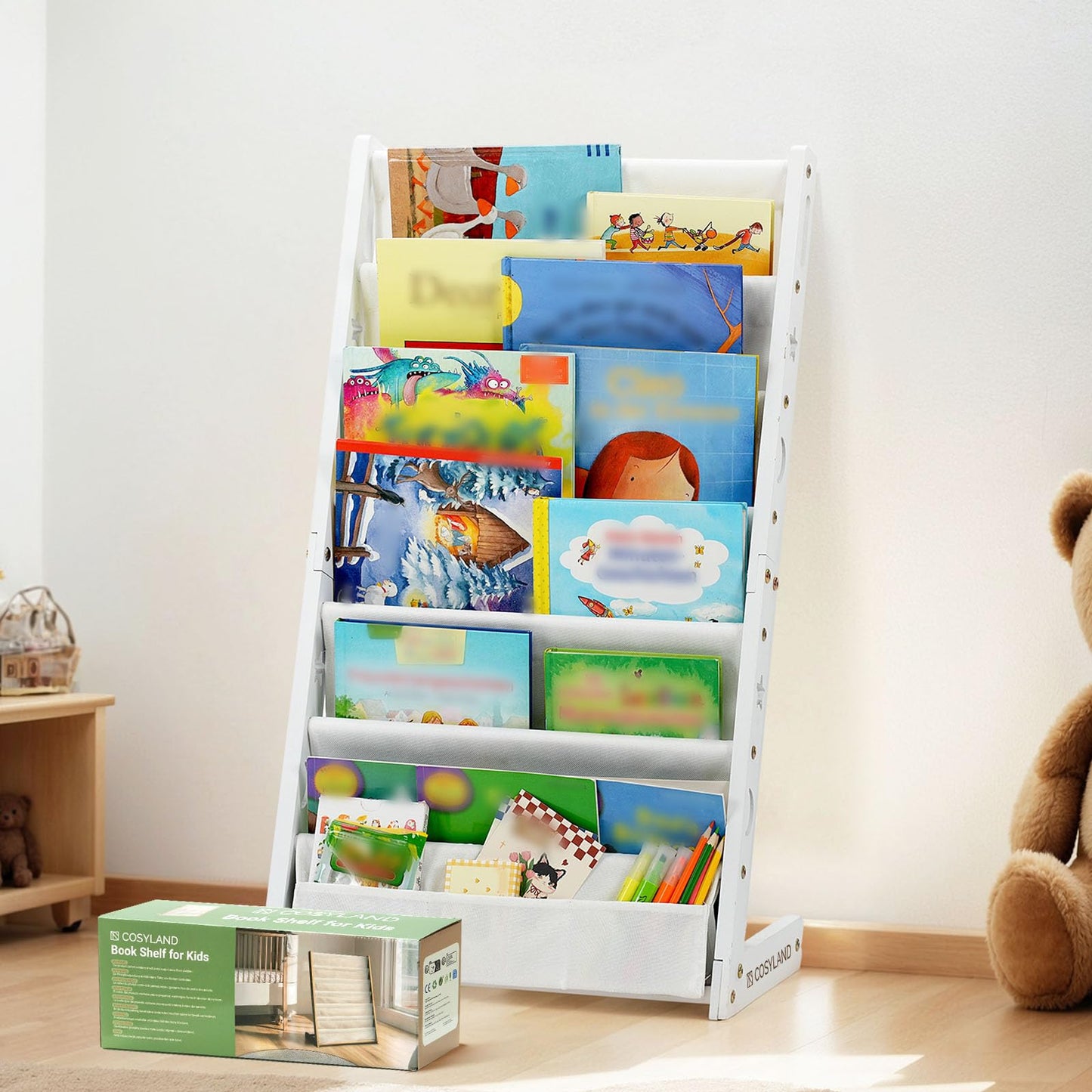 Kinder-Bücherregal aus Holz mit 6 Stofffächern, Weiss Medium