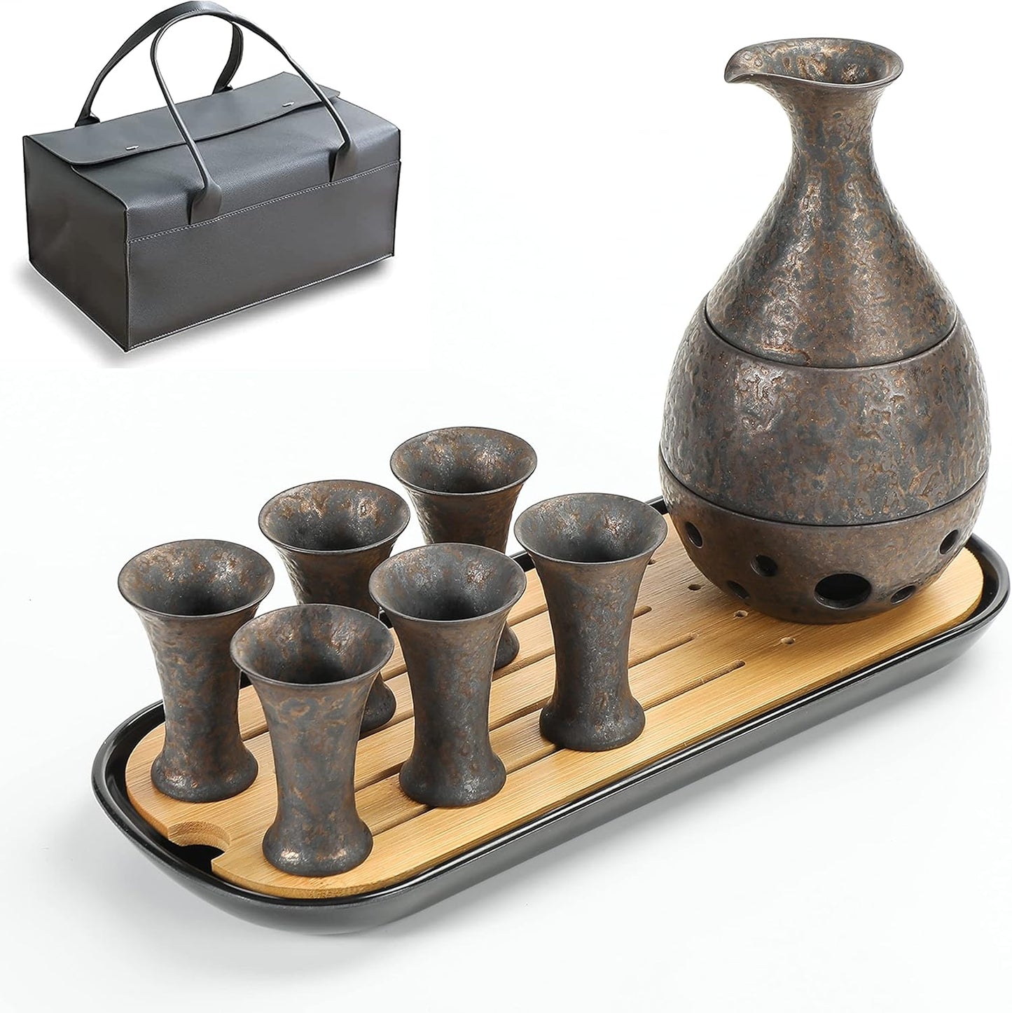 10-teiliges Sake-Set mit Karaffe und Bechern, Luxuriöse Ledertasche Antik-bronze-finish-ledertasche