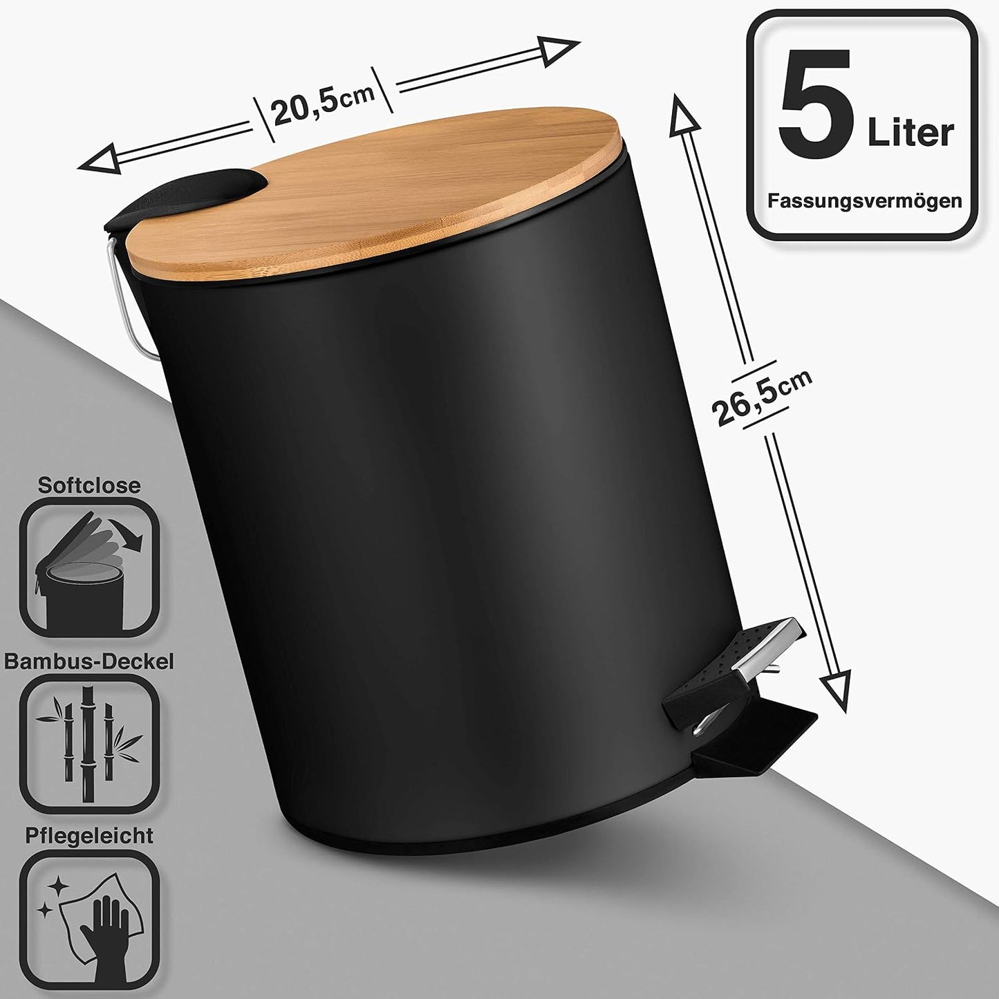 Kosmetikeimer mit Soft-Close und Bambusdeckel, Schwarz Matt 5L