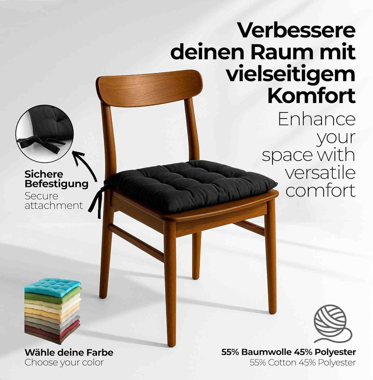Basic Sitzkissen-Set mit Bändern (2 Stück), 2 Stück - 40x40 cm Schwarz