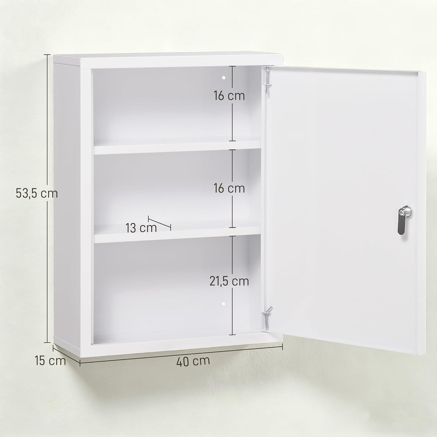 Medizinschrank mit einer Tür, drei Ebenen und Schloss, 40L x 15B x 53,5H cm