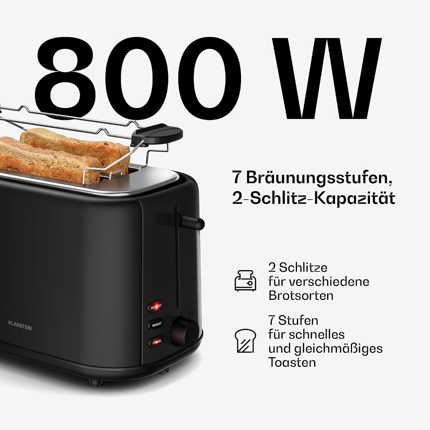 Velaire Toaster für 2 Scheiben mit Brötchenhalter, Schwarz Toaster