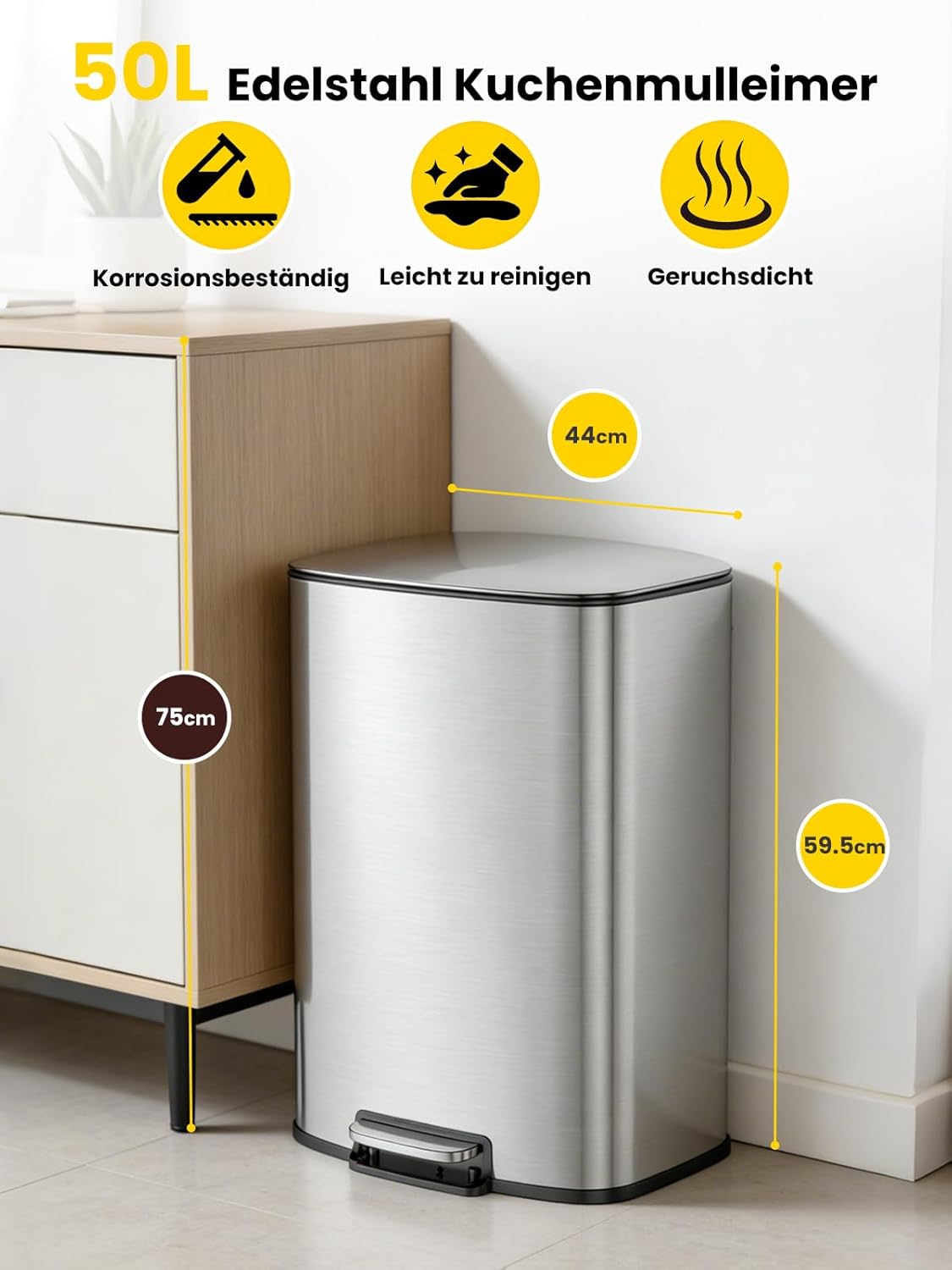 Treteimer mit Soft Close Deckel, Silber 50L