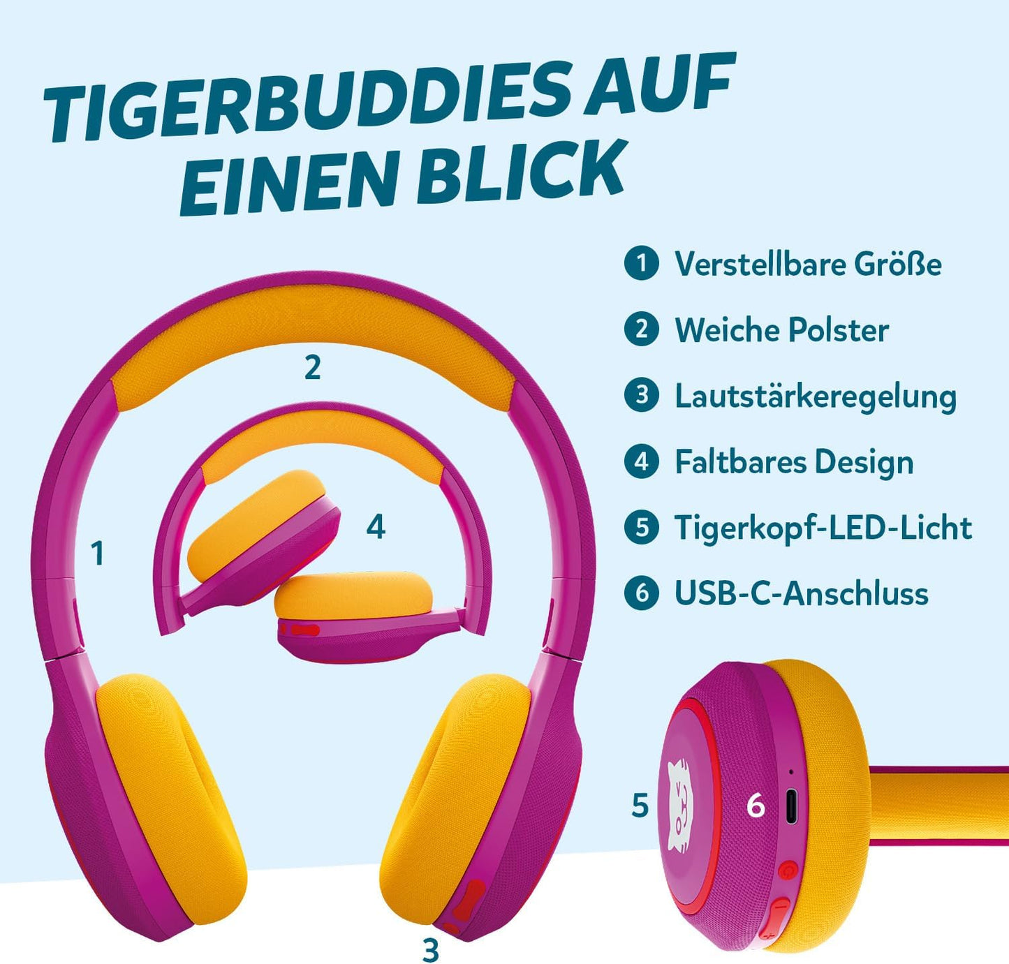 Kinder Bluetooth Kopfhörer mit Lautstärkebegrenzung 85 dB, lila/gelb