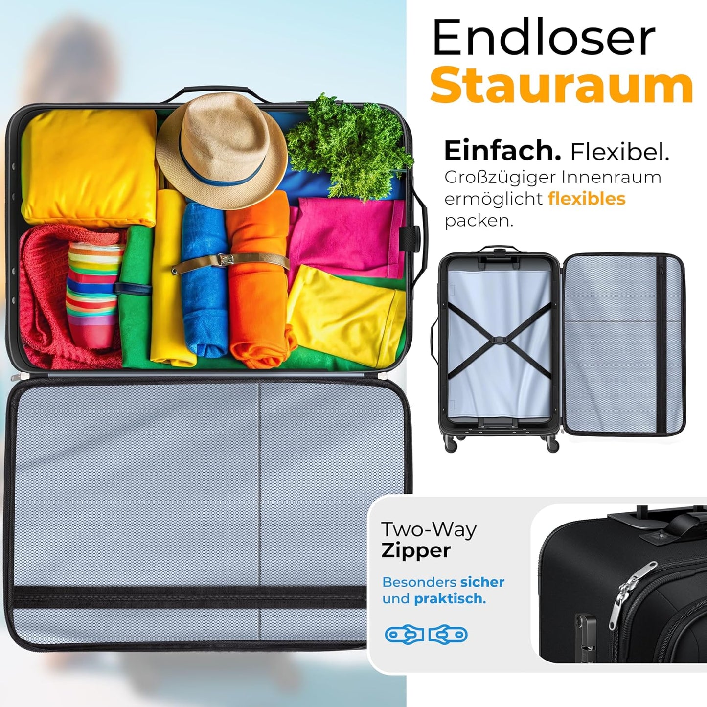 Reisekoffer Set 4-teilig mit TSA-Schloss & Rollen, Schwarz