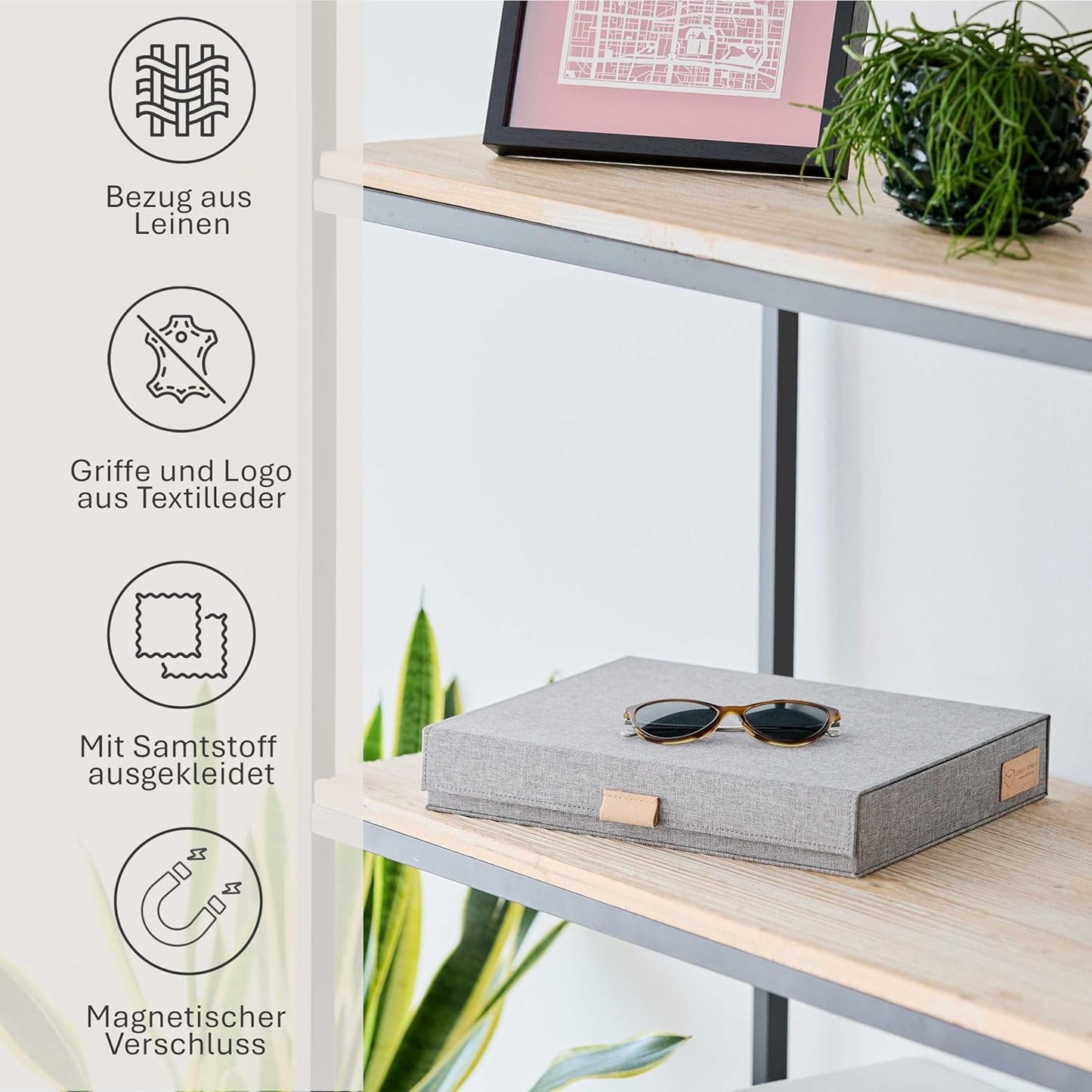 Premium Brillenbox für 8 Brillen aus Leinenstoff, Hellgrau