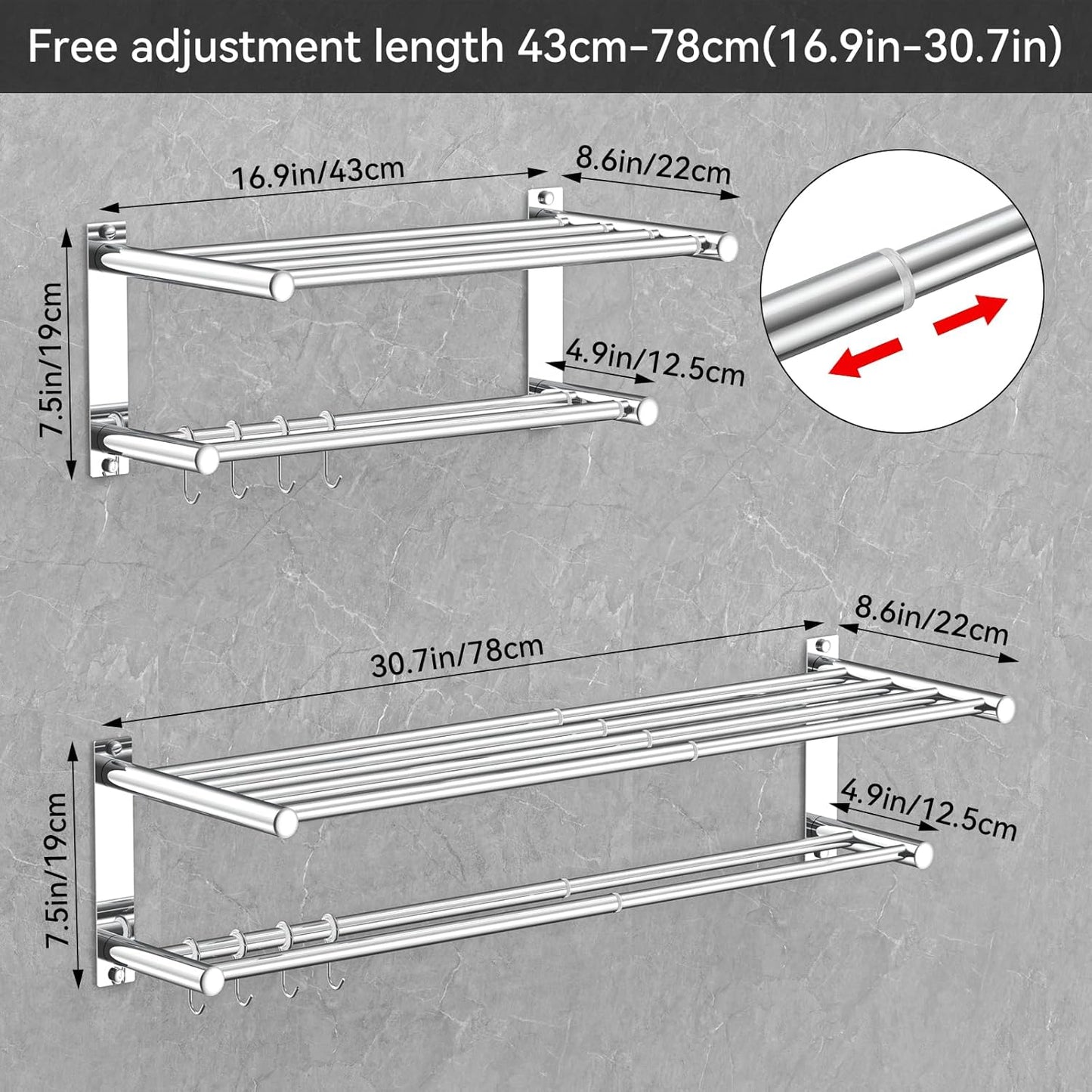 Ausziehbare Handtuchstange 43-78 cm mit Haken, Handtuchhalter mit Beweglichem Haken