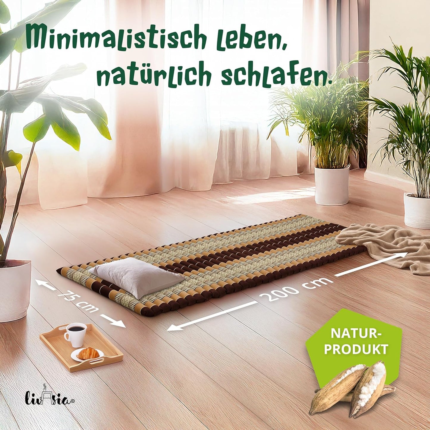 Rollmatratze aus Kapok für Gäste und Reisen, M (200 x 75 cm) Braun