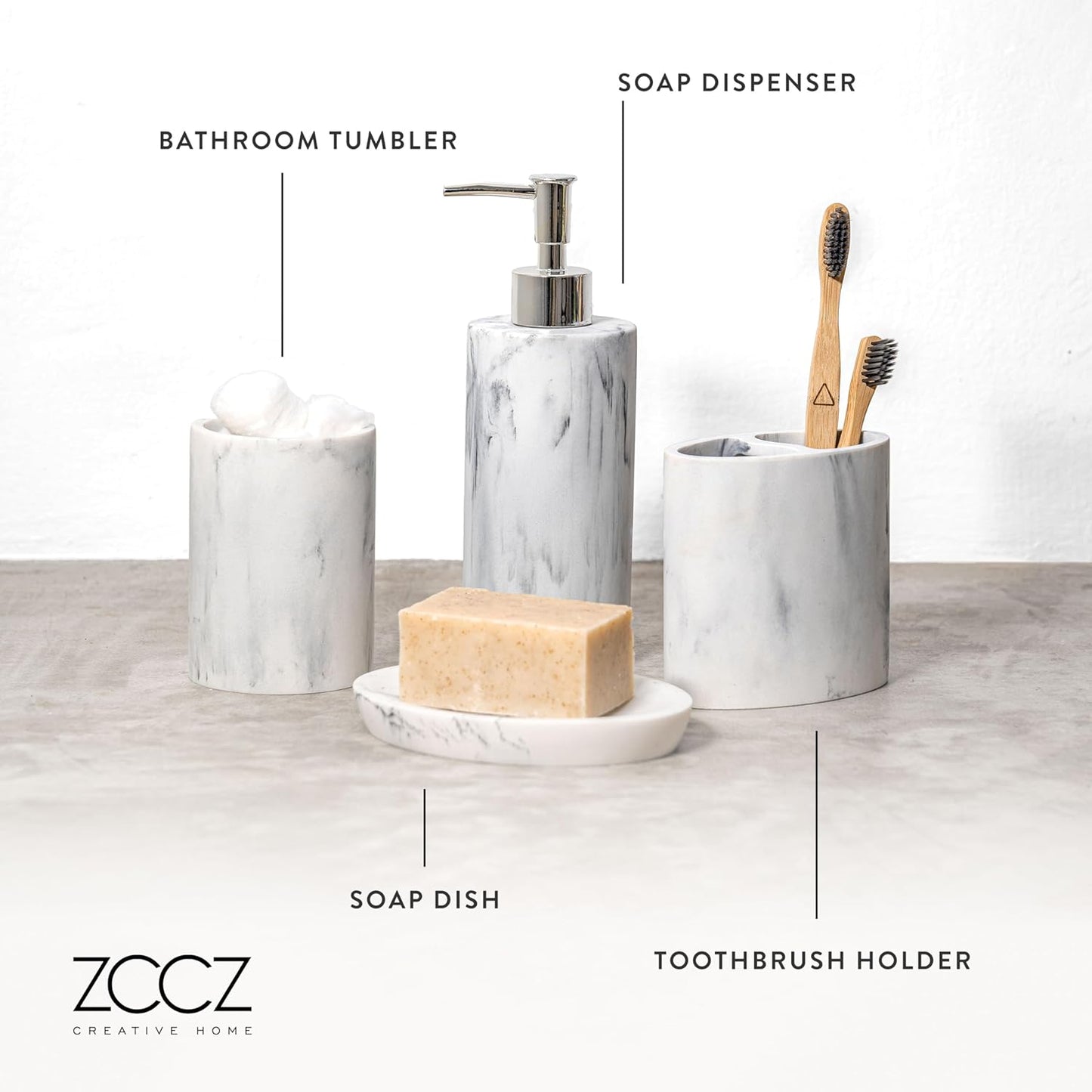 4-teiliges Badezimmer-Organizer-Set in Marmor-Optik, Weisser Marmor-effekt