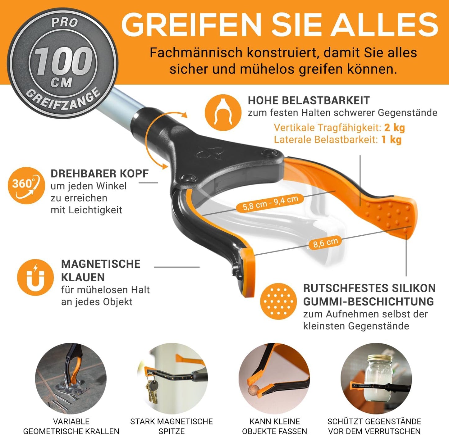 2er-Set Greifzangen mit Magnetarm, 2x100 cm