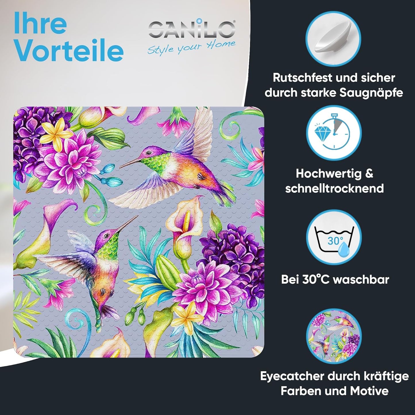 Rutschfeste Badematte 53 x 53 cm (Kolibri), Kolibri