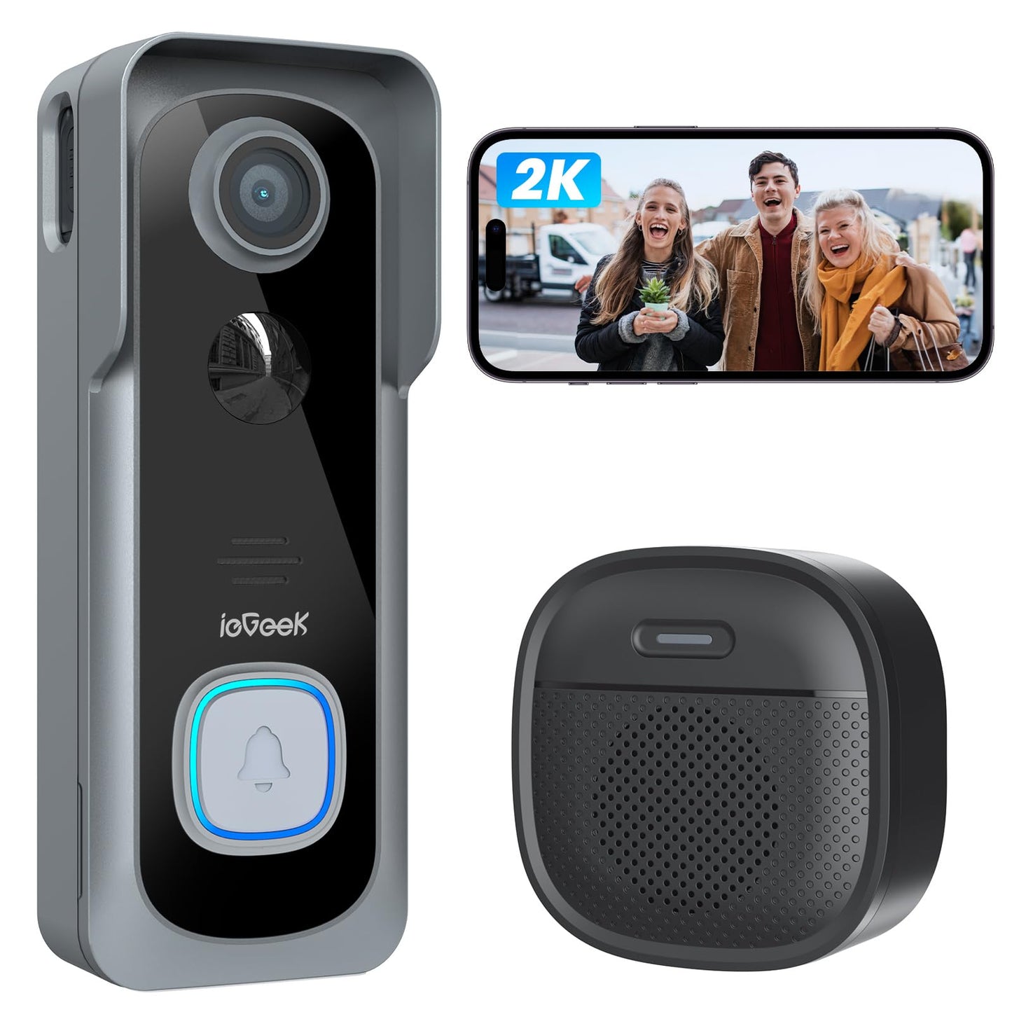 2K Video-Türklingel mit Kamera, AI Bewegungserkennung, 2,4GHz WLAN, Grau