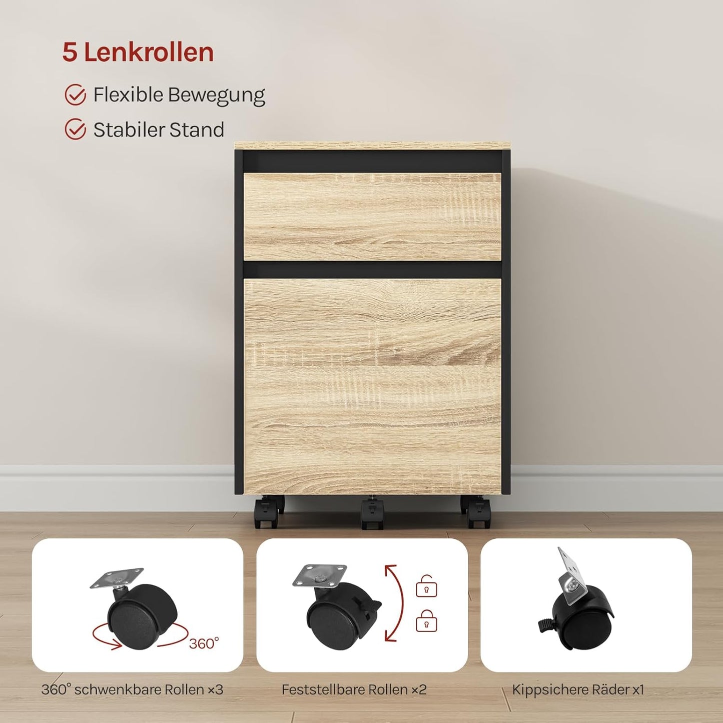 Rollcontainer mit 2 Schubladen, Hell Eiche