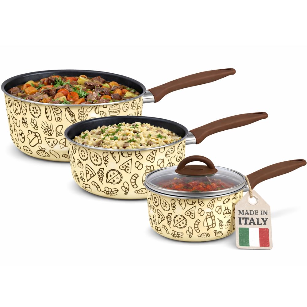Tris Pastella Antihaft-Stielkasserollen-Set mit Glasdeckel