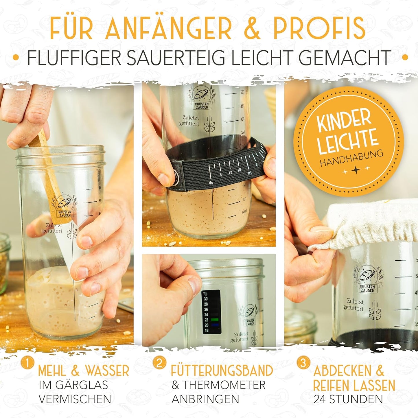 Sauerteig Starter Set mit Gärglas Spatel u. Thermometer, 1x600ml, Sauerteig Starter Set