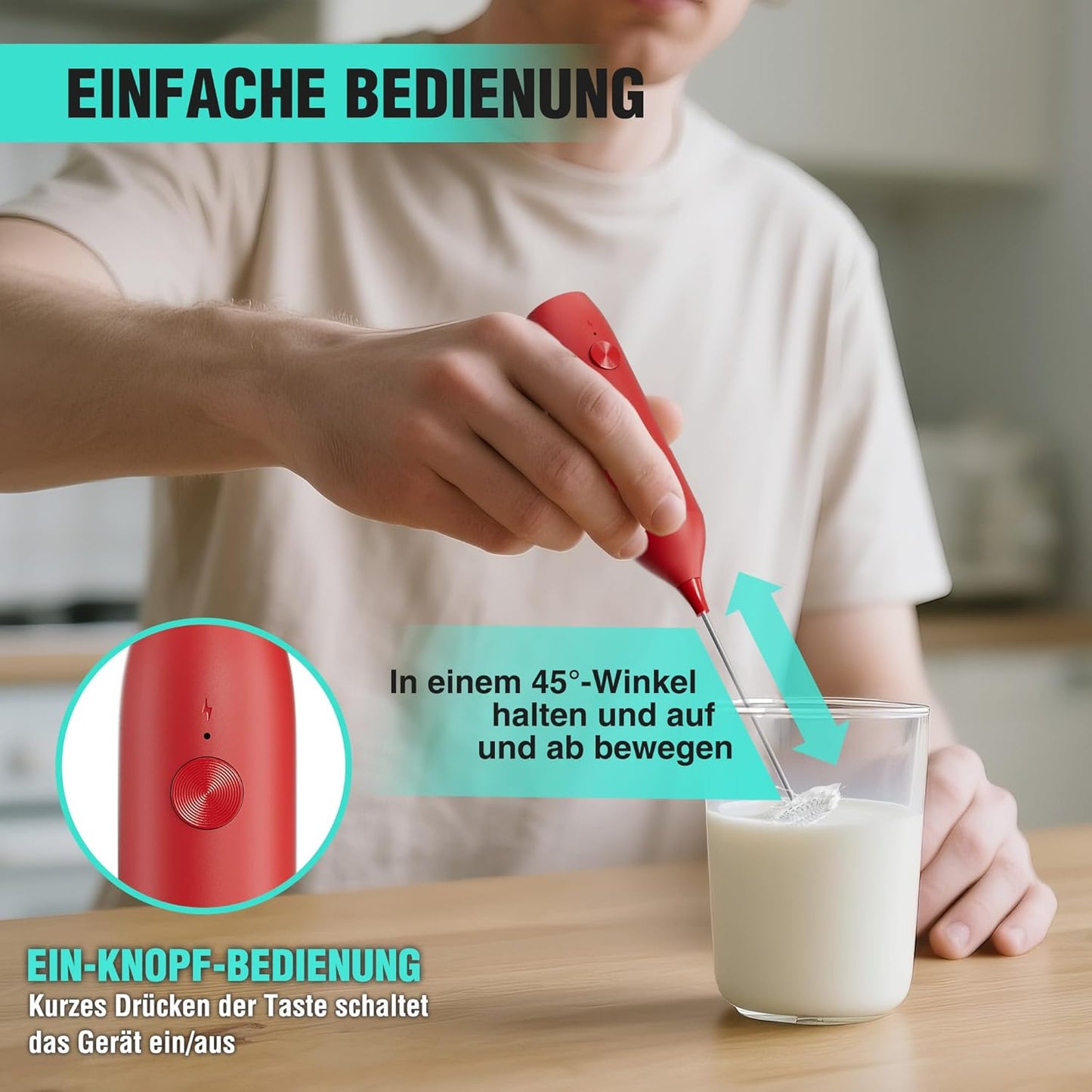 Wiederaufladbarer Hand-Milchaufschäumer mit Ständer, Rot