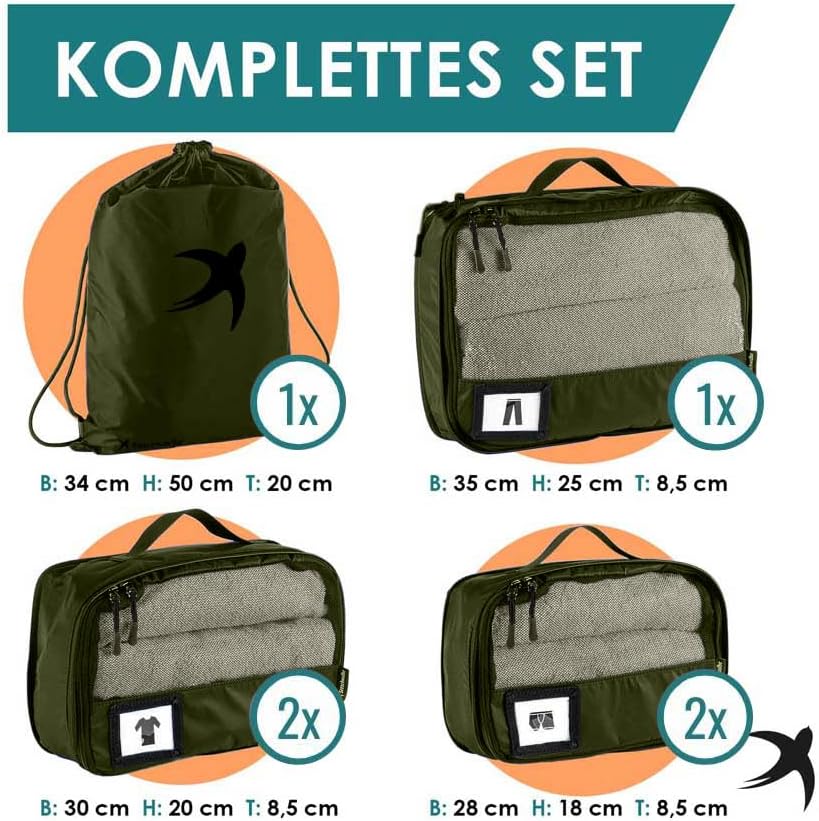 6-teiliges Packwürfel-Set mit Kompression, Olivgrün 6-teiliges Set